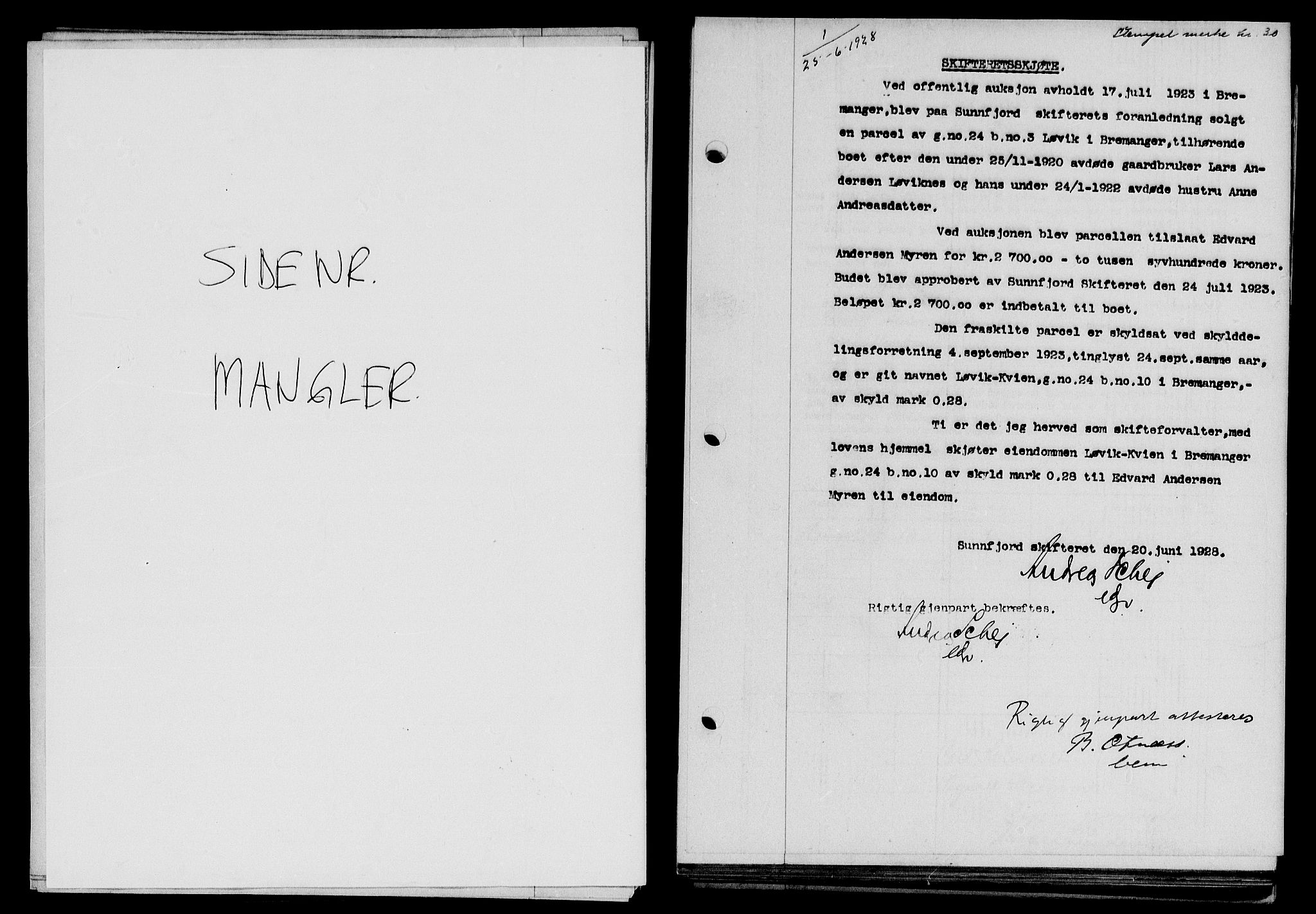 Sunnfjord tingrett, SAB/A-3201/1/G/Gb/Gba/L0048: Mortgage book no. II.B.48, 1928-1928, Deed date: 25.06.1928