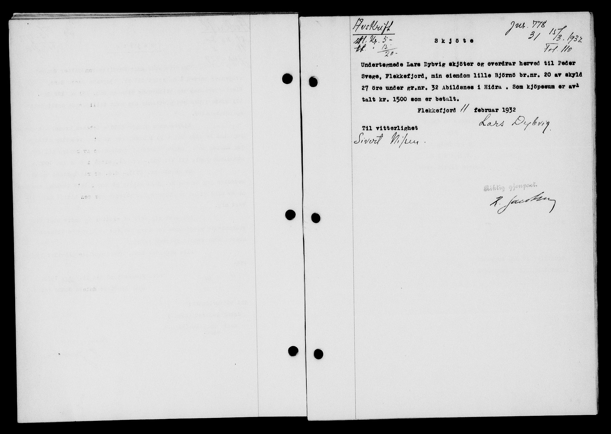 Flekkefjord sorenskriveri, SAK/1221-0001/G/Gb/Gba/L0047: Mortgage book no. 45, 1931-1932, Deed date: 15.03.1932