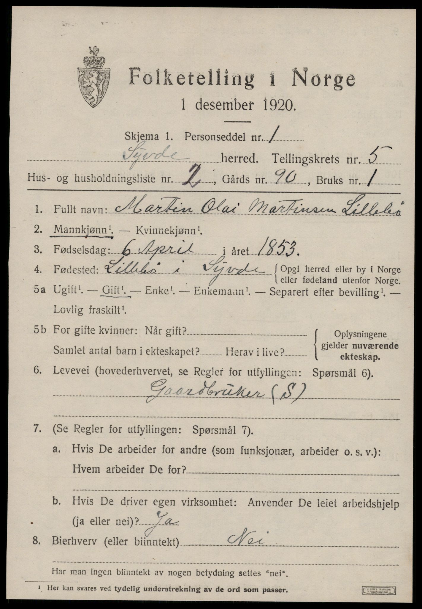 SAT, 1920 census for Syvde, 1920, p. 1852