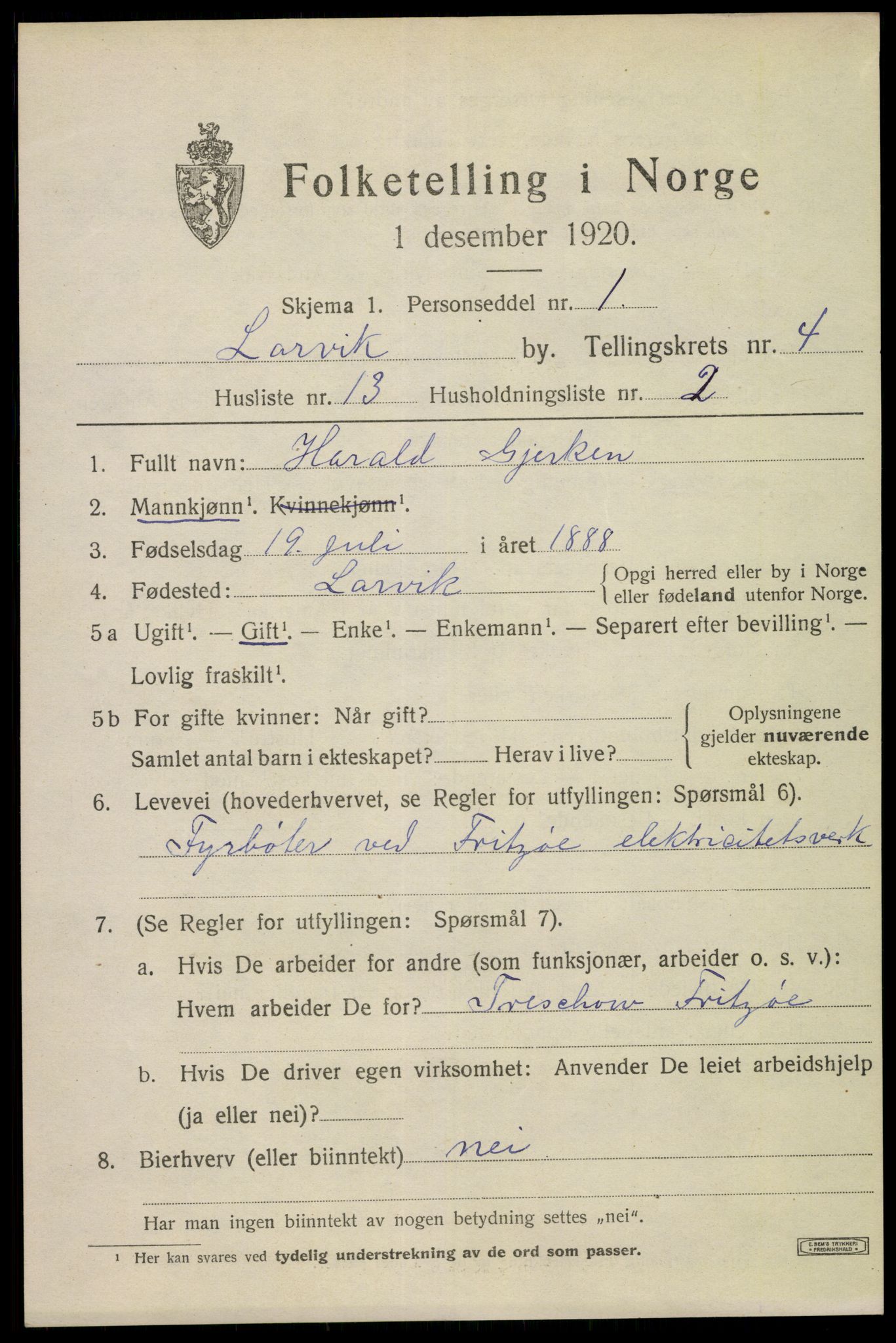 SAKO, 1920 census for Larvik, 1920, p. 13646