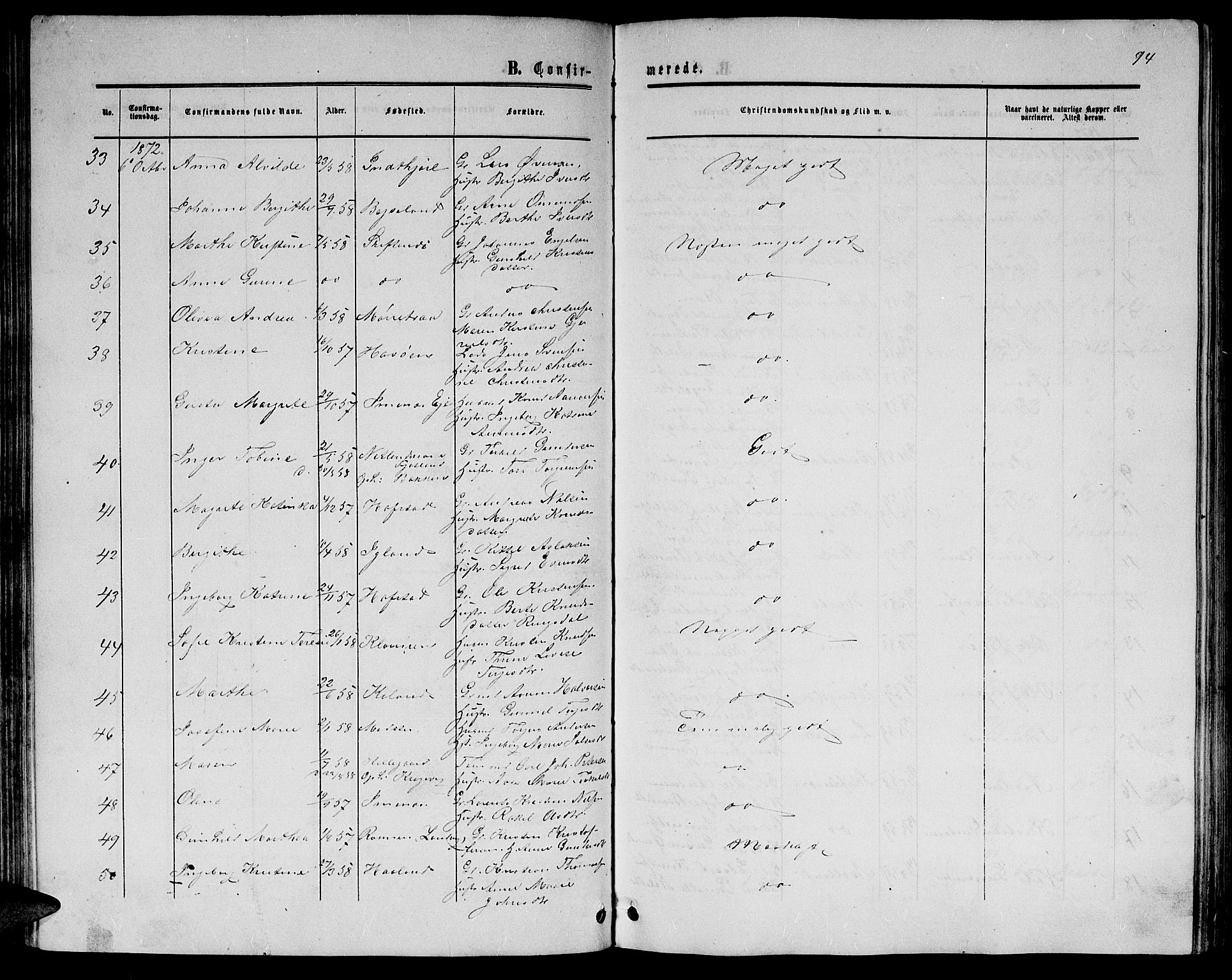 Hommedal sokneprestkontor, SAK/1111-0023/F/Fb/Fbb/L0006: Parish register (copy) no. B 6, 1869-1884, p. 94