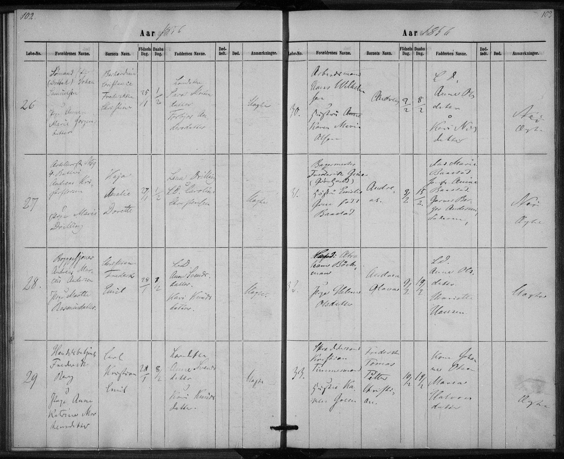 Rikshospitalet prestekontor Kirkebøker, AV/SAO-A-10309b/K/L0002/0001: Baptism register no. 2.1, 1854-1860, p. 102-103