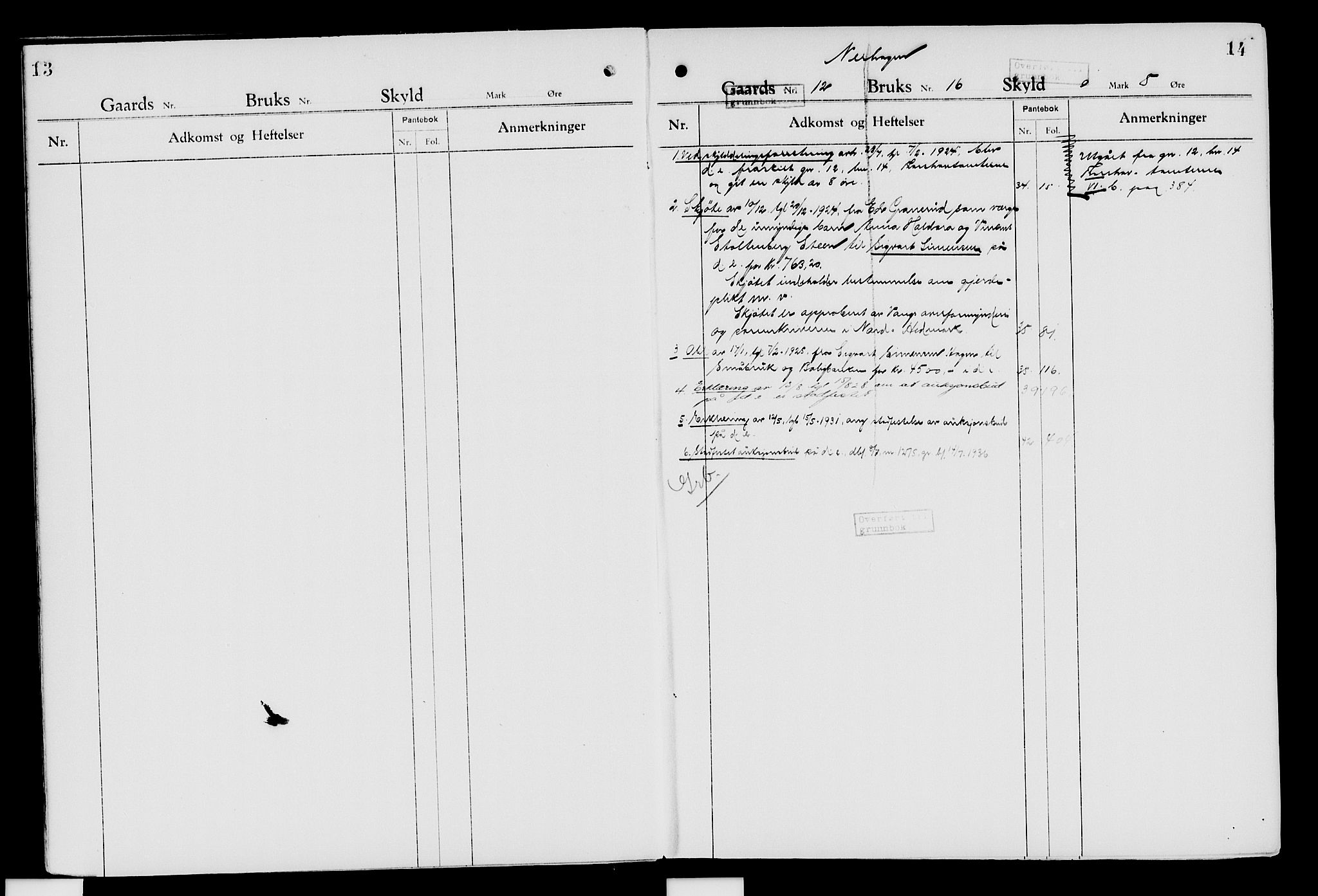 Nord-Hedmark sorenskriveri, SAH/TING-012/H/Ha/Had/Hade/L0007: Mortgage register no. 4.7, 1924-1940, p. 13-14
