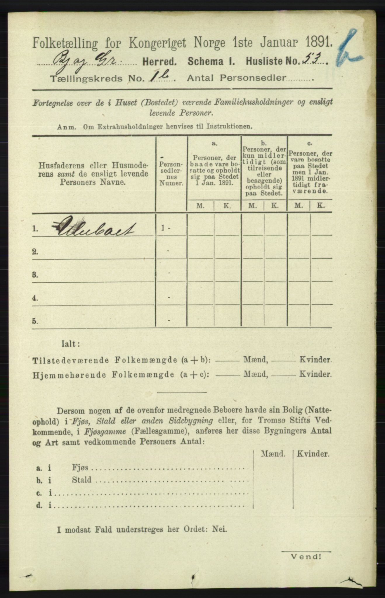 RA, 1891 census for 1024 Bjelland og Grindheim, 1891, p. 767