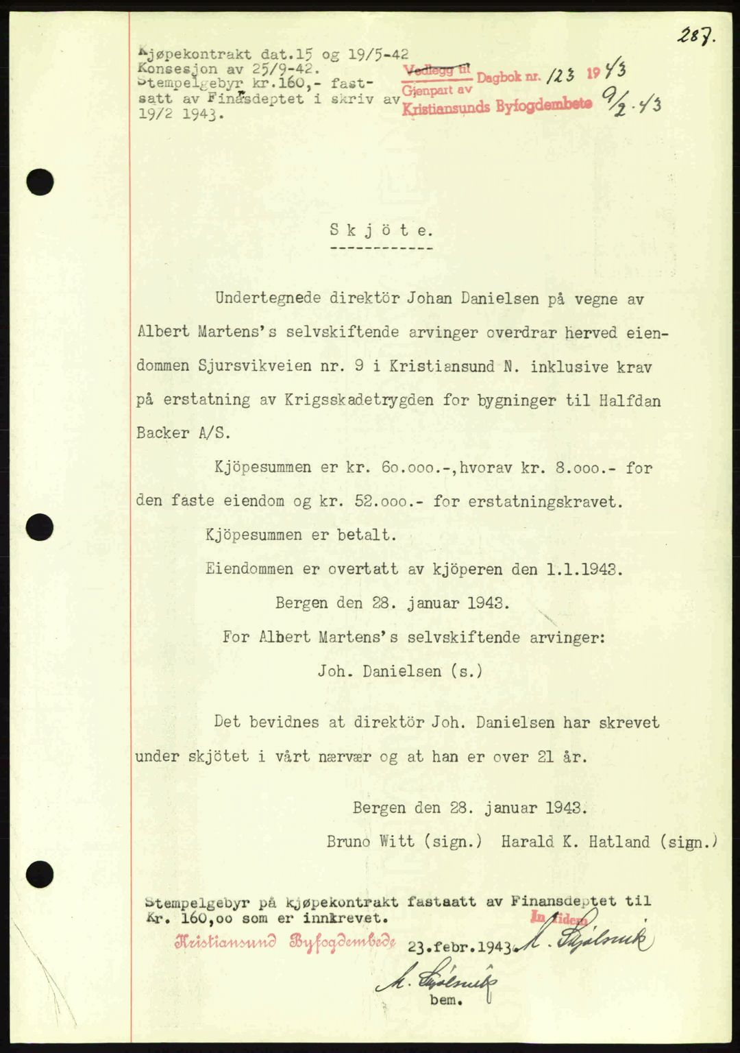 Kristiansund byfogd, AV/SAT-A-4587/A/27: Mortgage book no. 34, 1941-1945, Diary no: : 123/1943