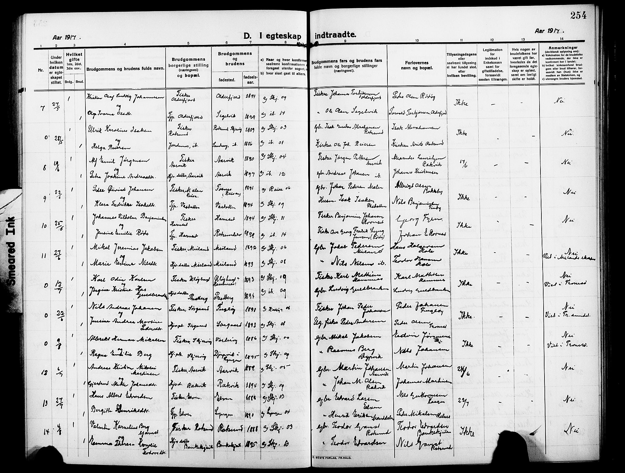 Skjervøy sokneprestkontor, AV/SATØ-S-1300/H/Ha/Hab/L0009klokker: Parish register (copy) no. 9, 1911-1926, p. 254