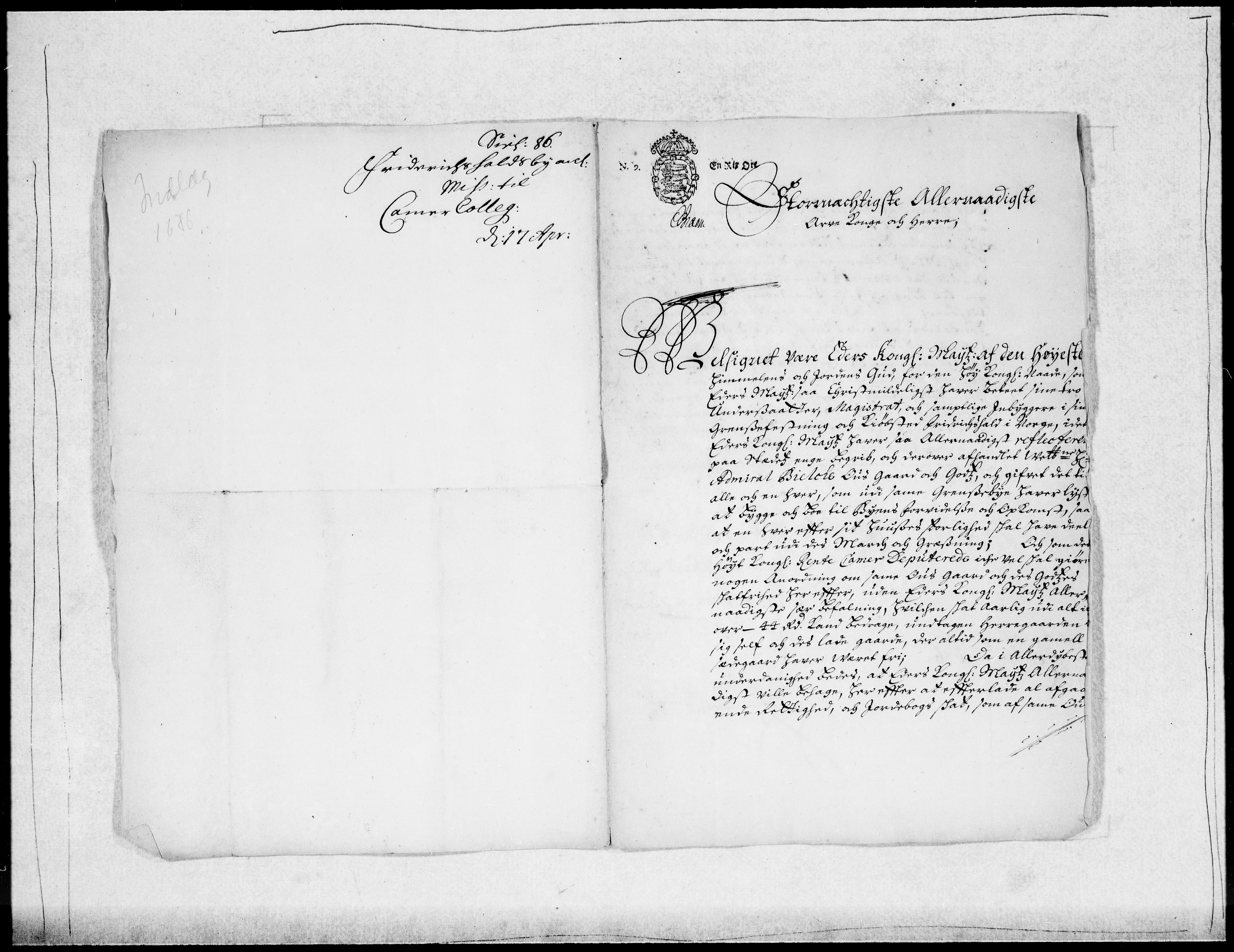 Danske Kanselli 1572-1799, RA/EA-3023/F/Fc/Fcc/Fcca/L0039: Norske innlegg 1572-1799, 1685-1686, p. 173