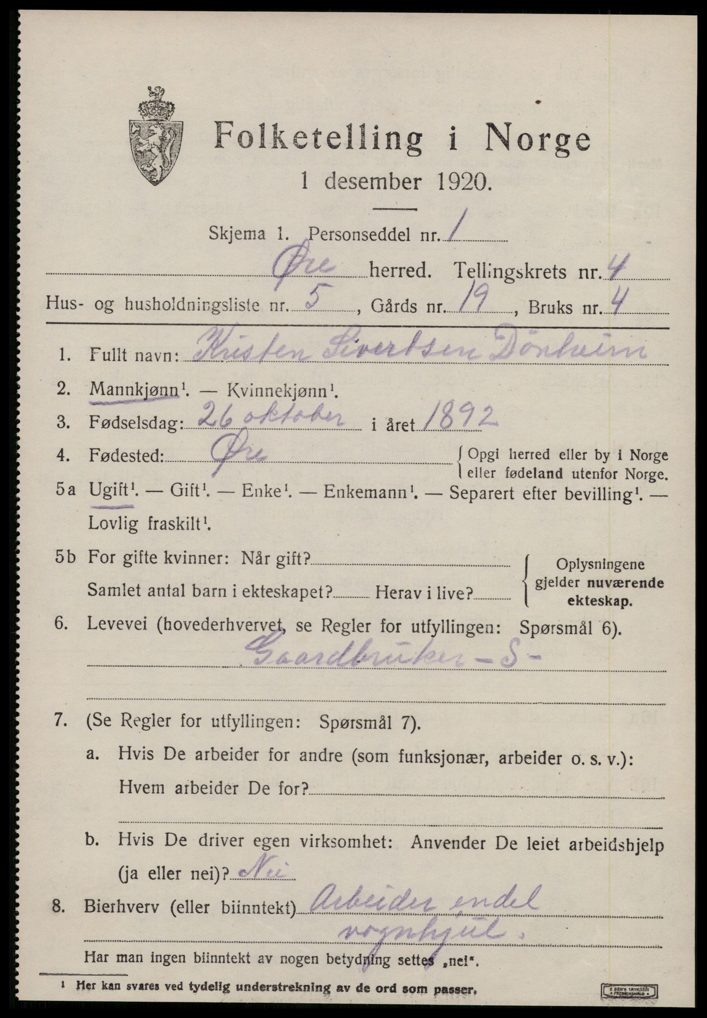 SAT, 1920 census for Øre, 1920, p. 2095