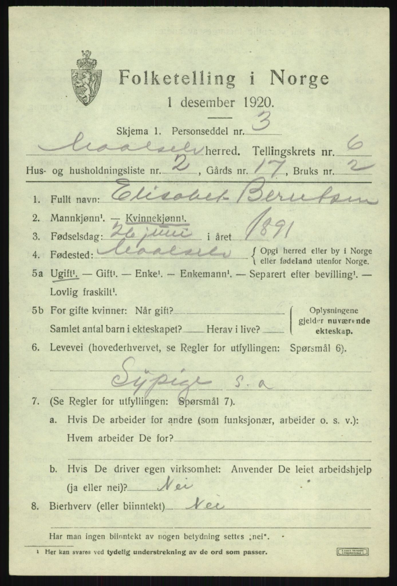 SATØ, 1920 census for Målselv, 1920, p. 3633