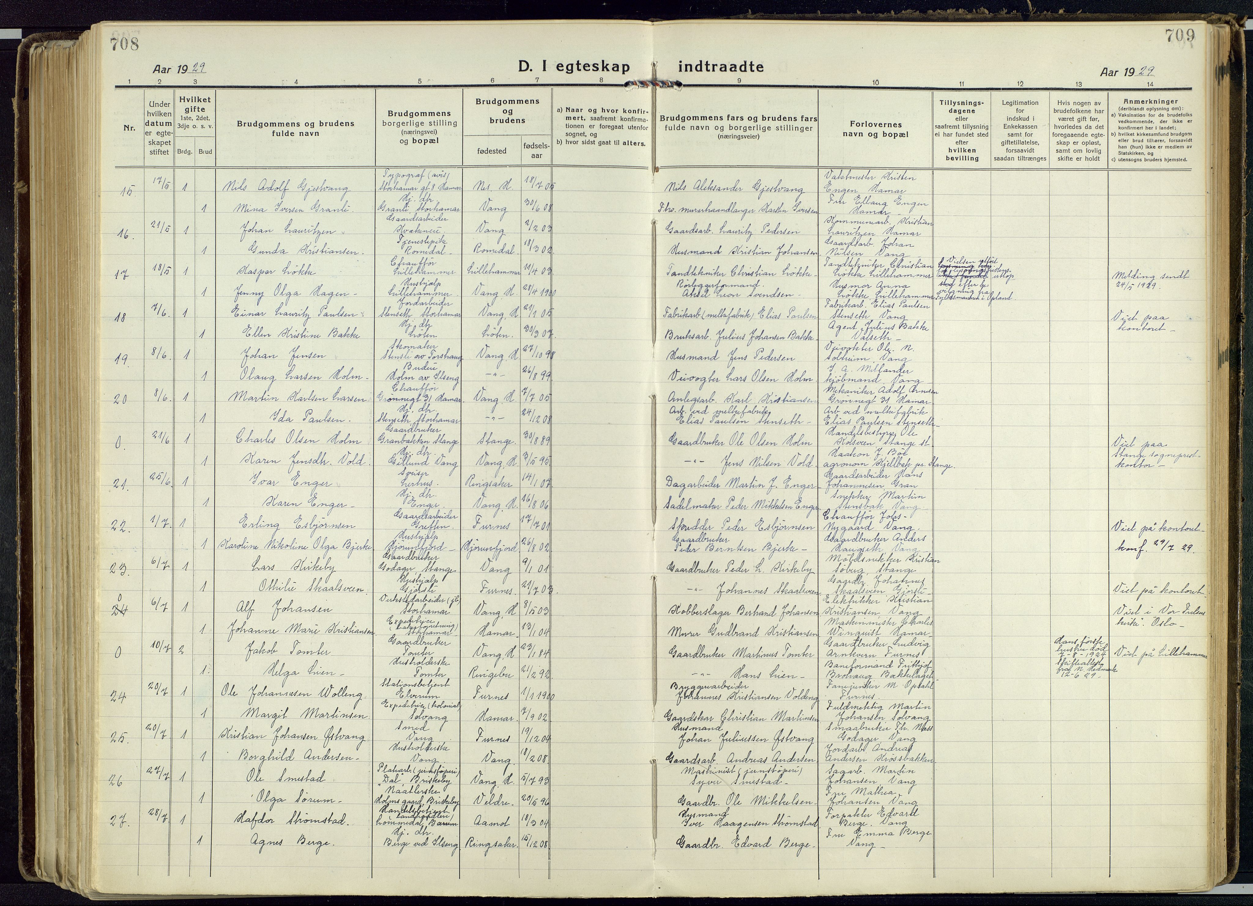 Vang prestekontor, Hedmark, AV/SAH-PREST-008/H/Ha/Haa/L0022: Parish register (official) no. 22, 1918-1944, p. 708-709