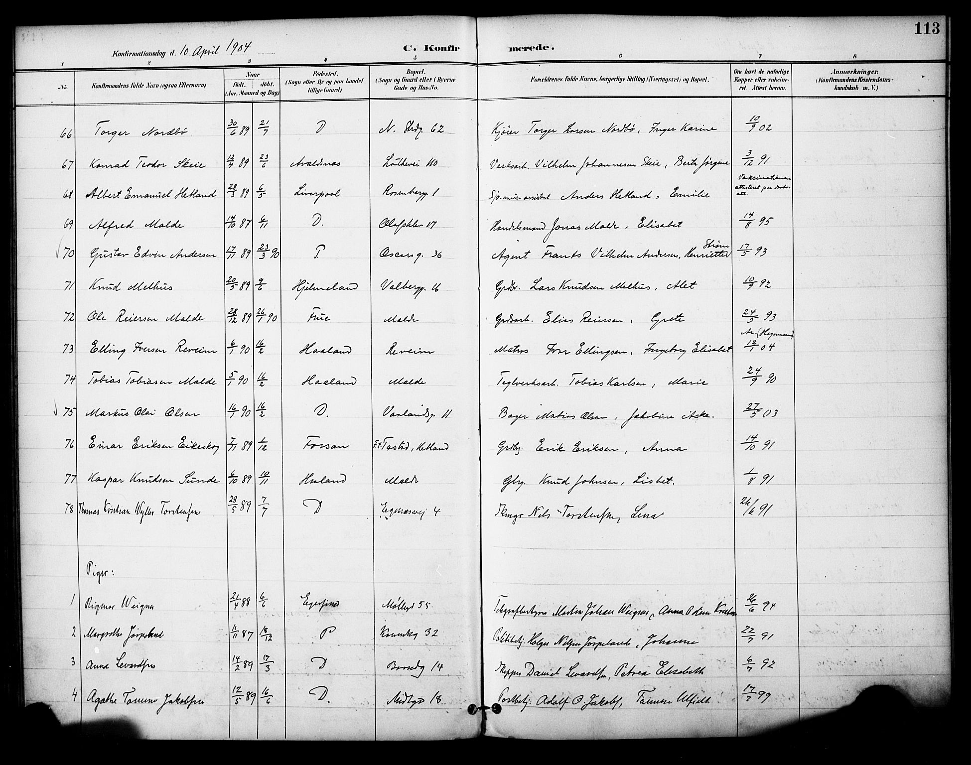 Domkirken sokneprestkontor, AV/SAST-A-101812/001/30/30BA/L0031: Parish register (official) no. A 30, 1896-1916, p. 113