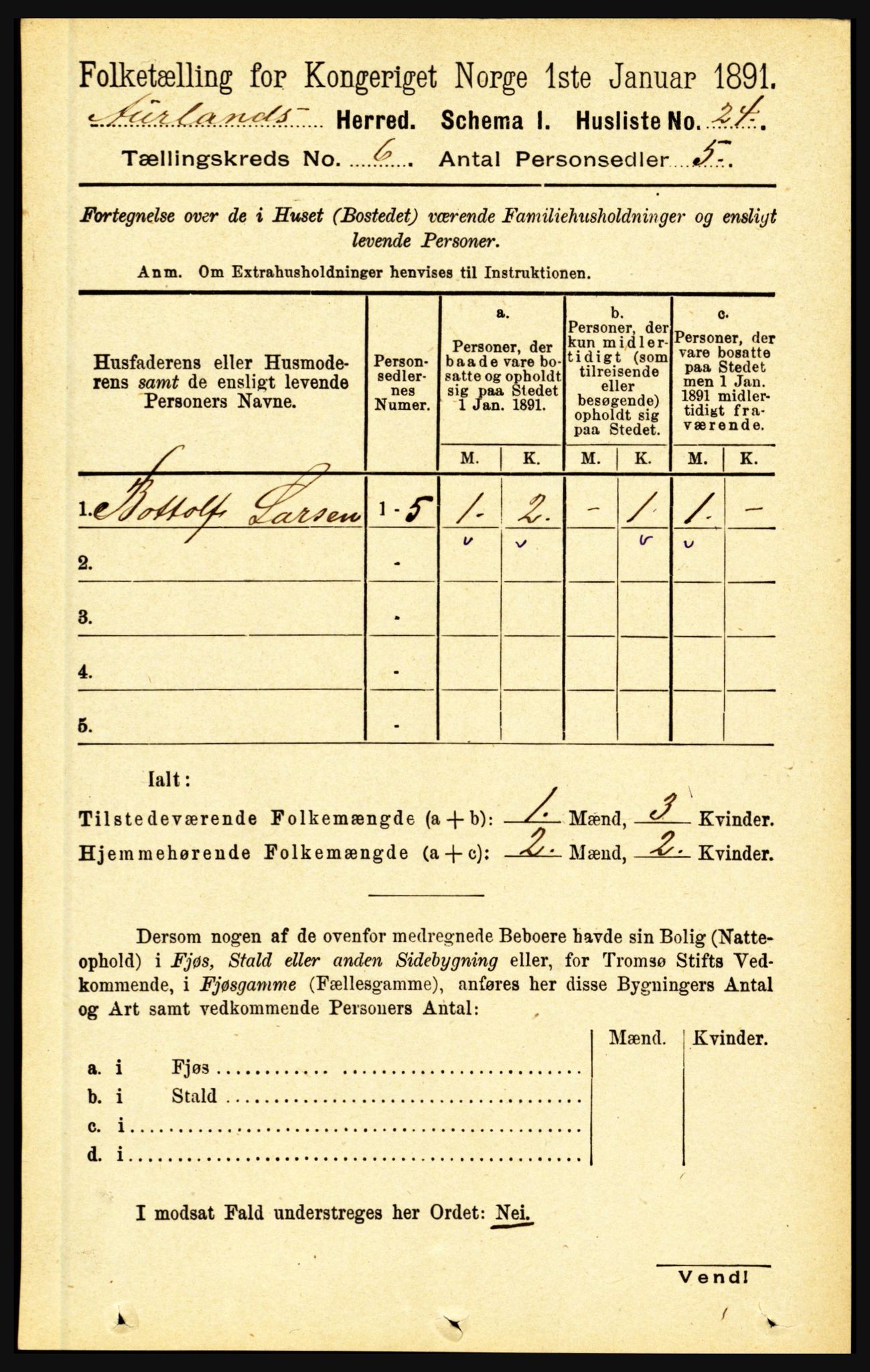 RA, 1891 census for 1421 Aurland, 1891, p. 2224