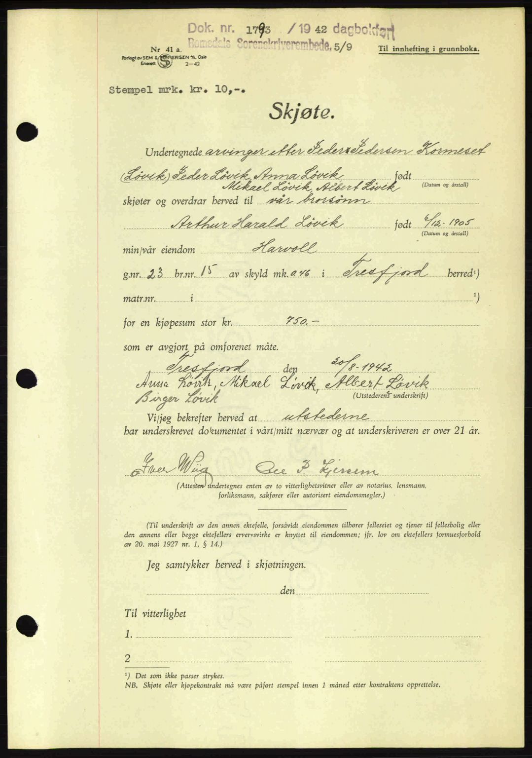 Romsdal sorenskriveri, AV/SAT-A-4149/1/2/2C: Mortgage book no. A12, 1942-1942, Diary no: : 1793/1942