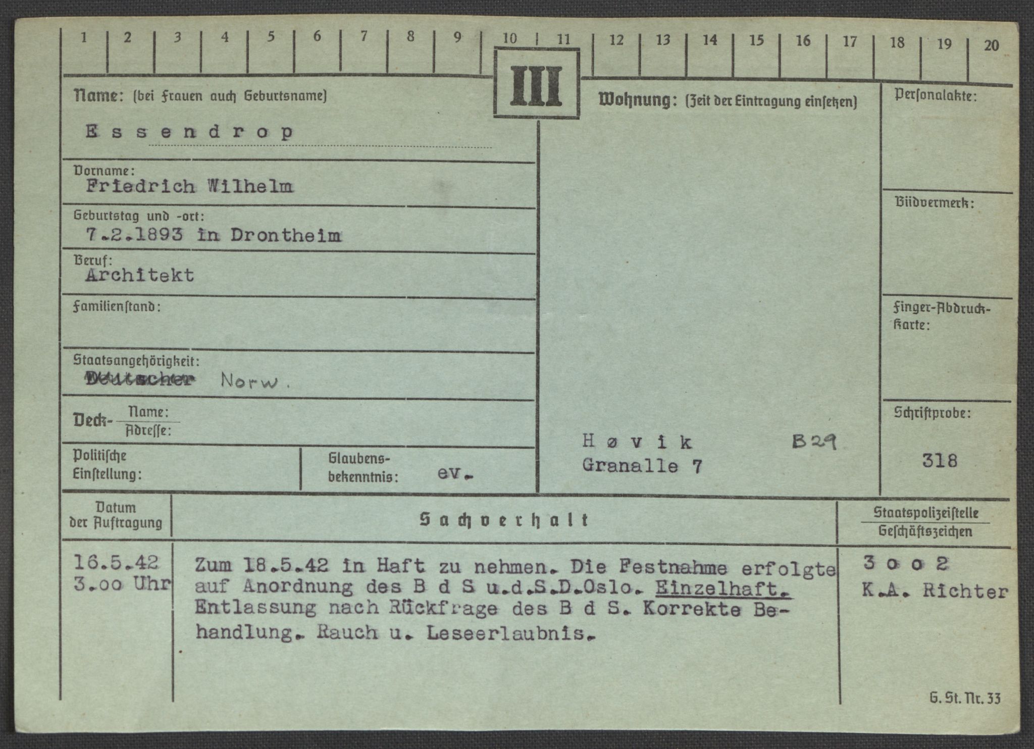 Befehlshaber der Sicherheitspolizei und des SD, AV/RA-RAFA-5969/E/Ea/Eaa/L0003: Register over norske fanger i Møllergata 19: Eng-Hag, 1940-1945, p. 174