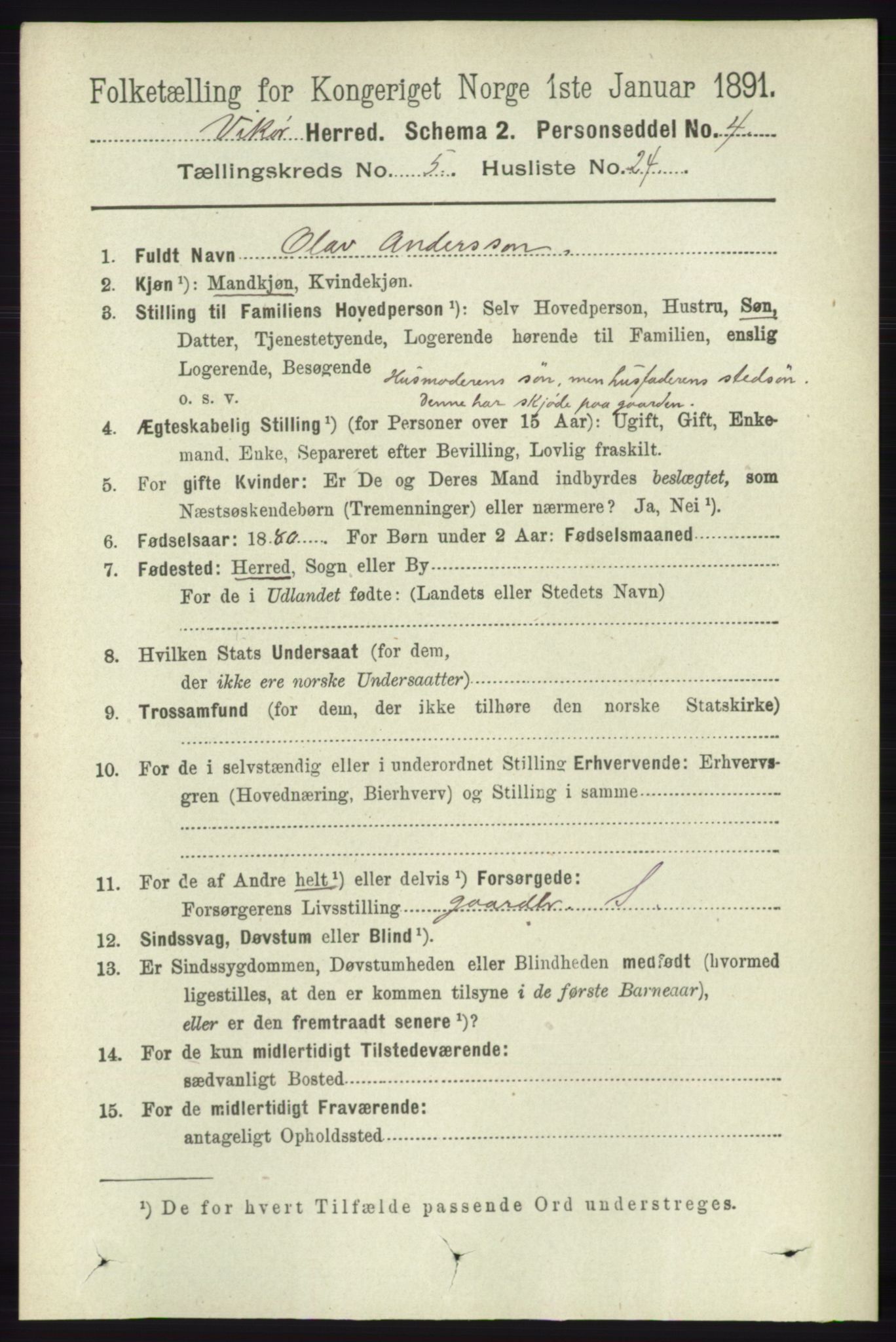 RA, 1891 census for 1238 Vikør, 1891, p. 1540