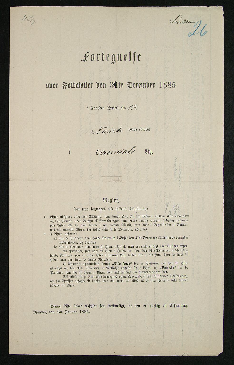 SAK, 1885 census for 0903 Arendal, 1885, p. 26
