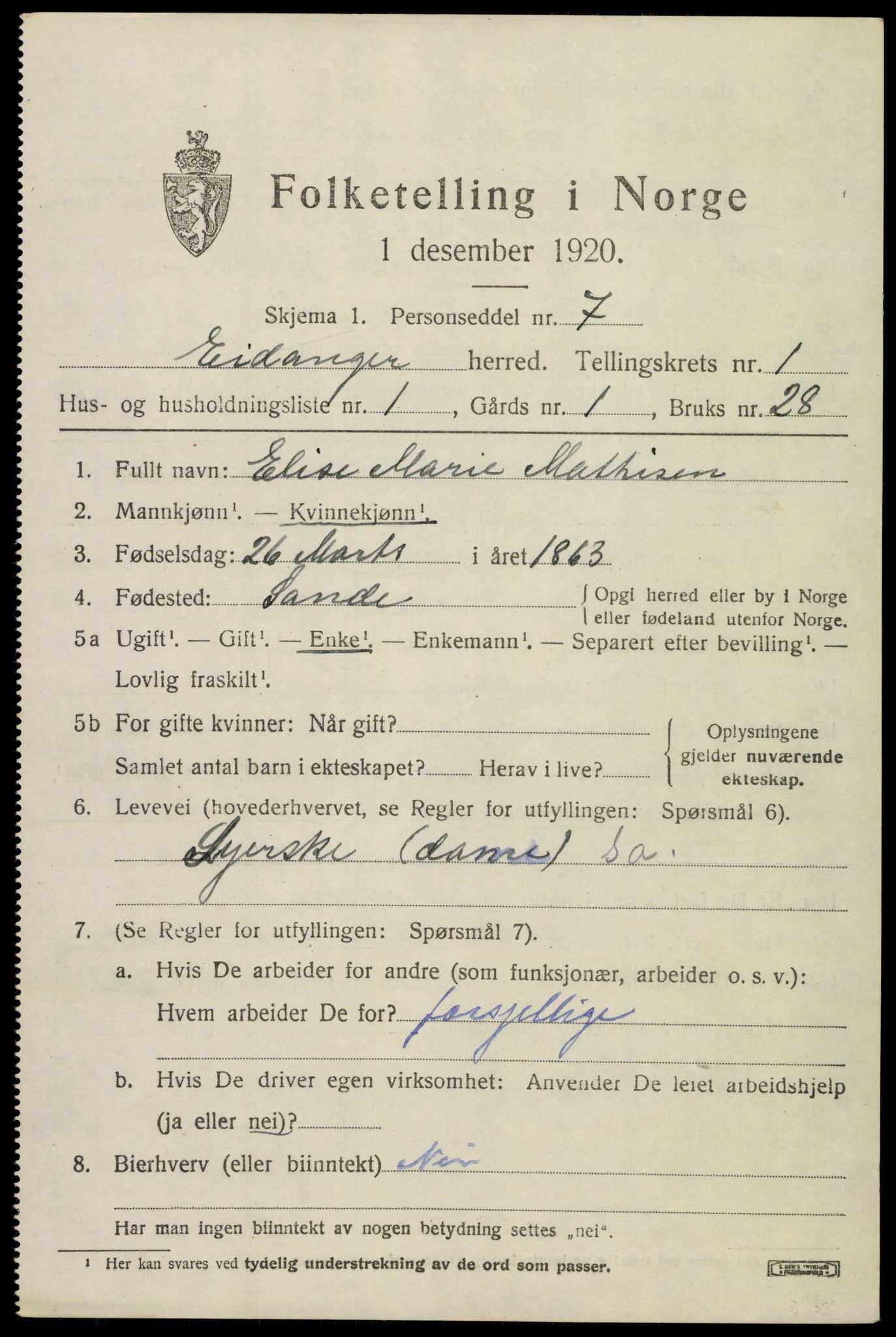 SAKO, 1920 census for Eidanger, 1920, p. 1812