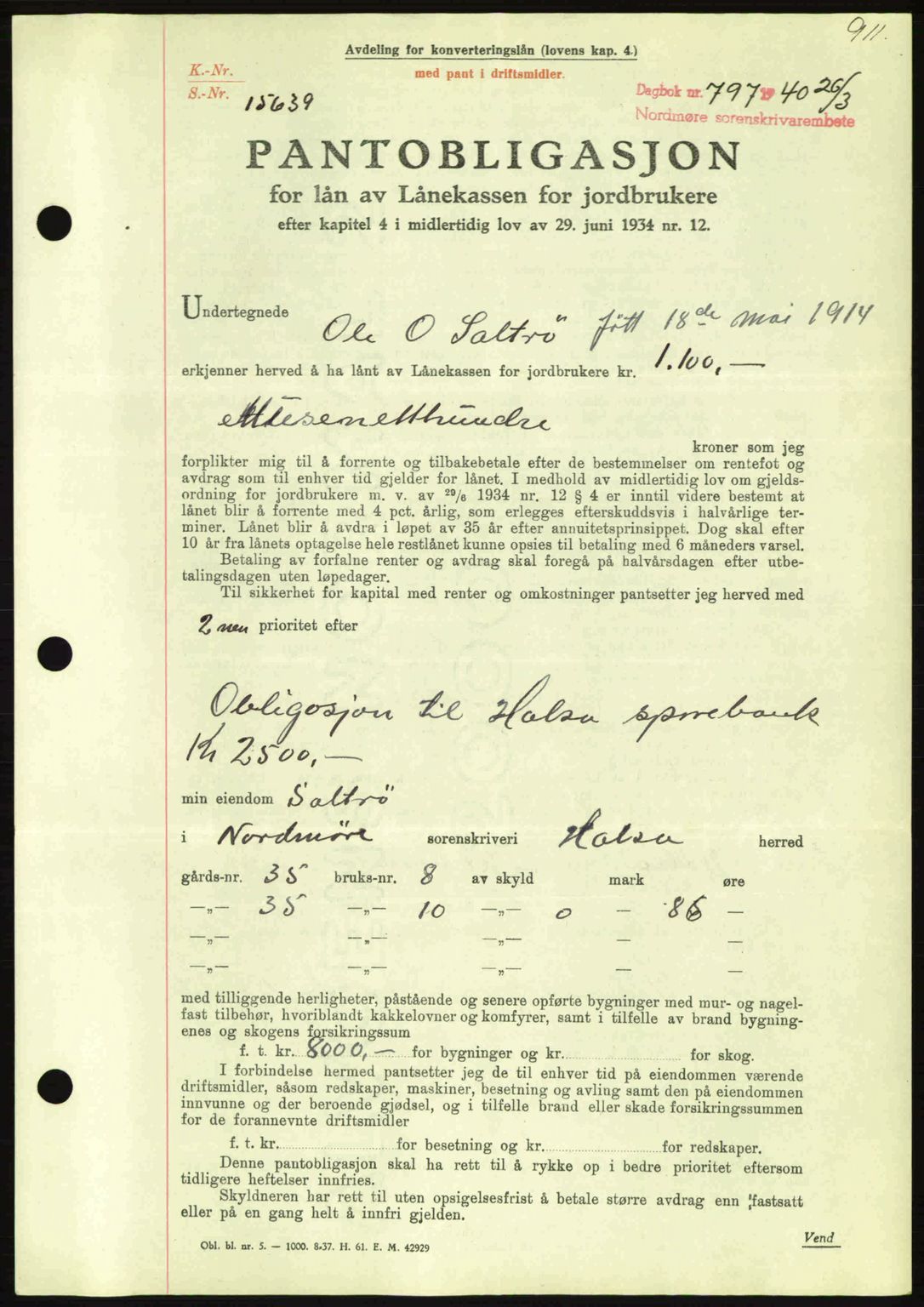 Nordmøre sorenskriveri, AV/SAT-A-4132/1/2/2Ca: Mortgage book no. B86, 1939-1940, Diary no: : 797/1940