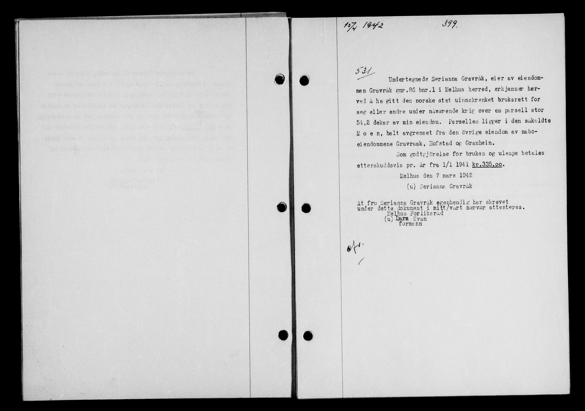 Gauldal sorenskriveri, SAT/A-0014/1/2/2C/L0054: Mortgage book no. 59, 1941-1942, Diary no: : 531/1942
