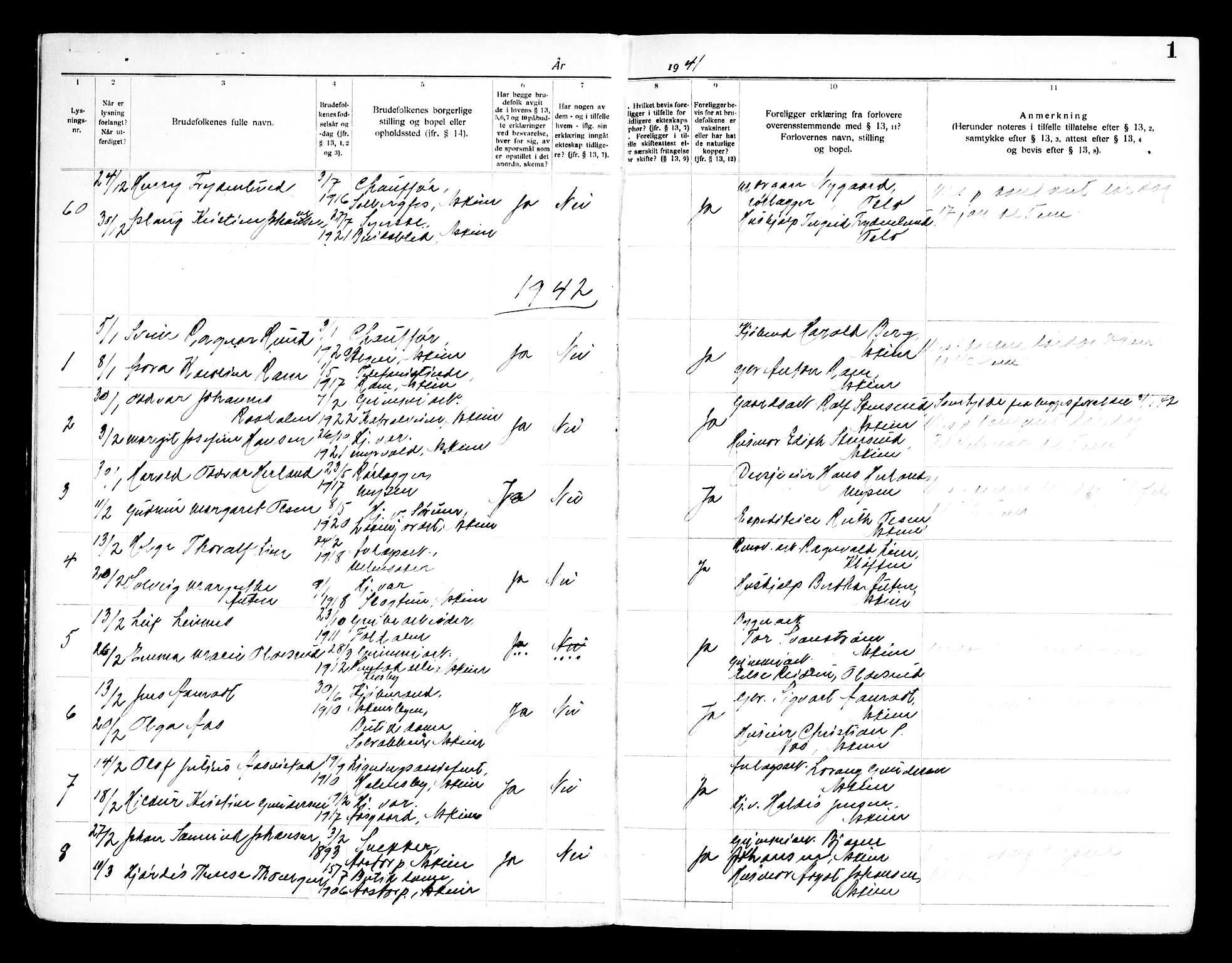 Askim prestekontor Kirkebøker, SAO/A-10900/H/Ha/L0002: Banns register no. 2, 1941-1955, p. 1