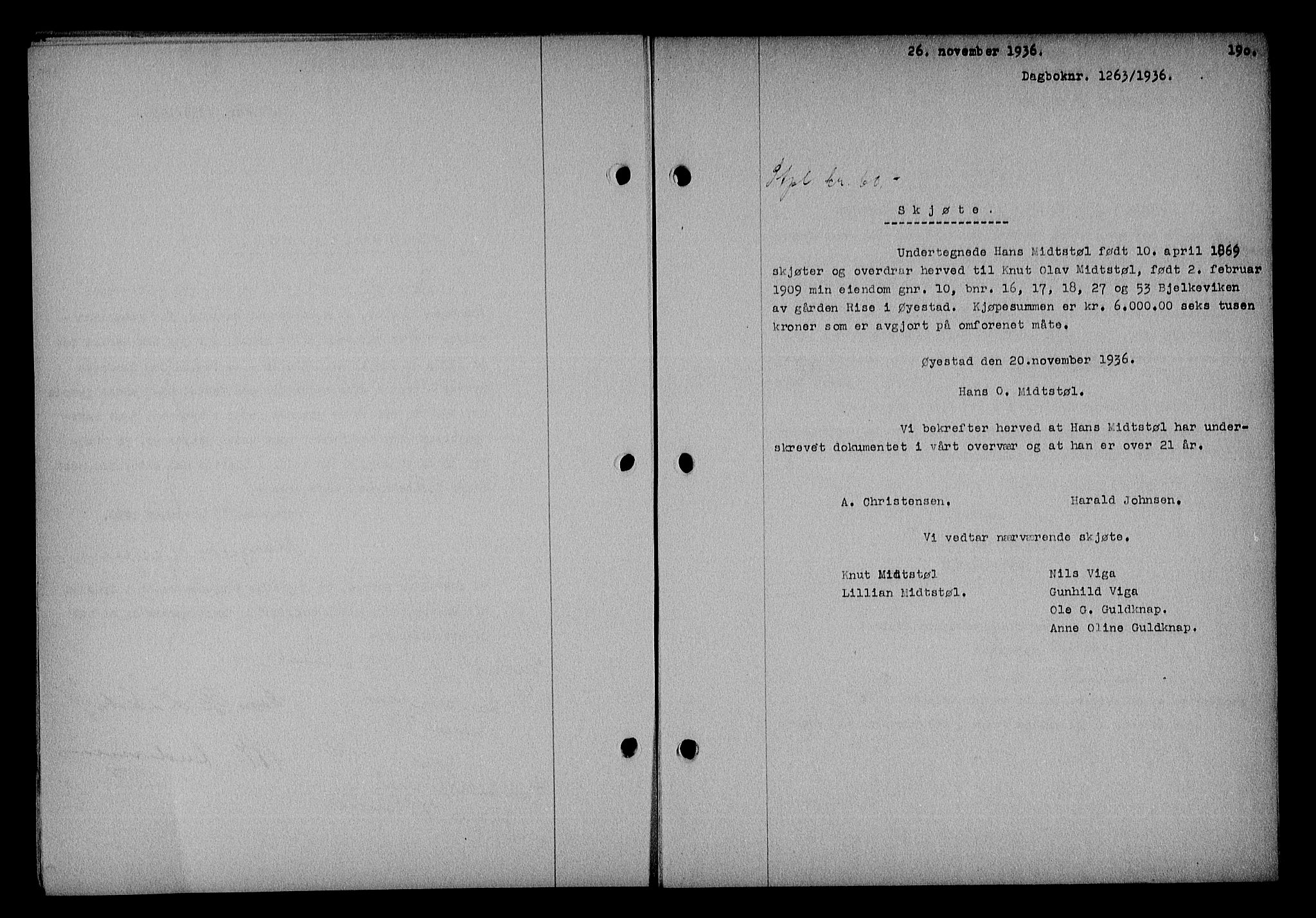 Nedenes sorenskriveri, SAK/1221-0006/G/Gb/Gba/L0043: Mortgage book no. 39, 1936-1937, Diary no: : 1263/1936