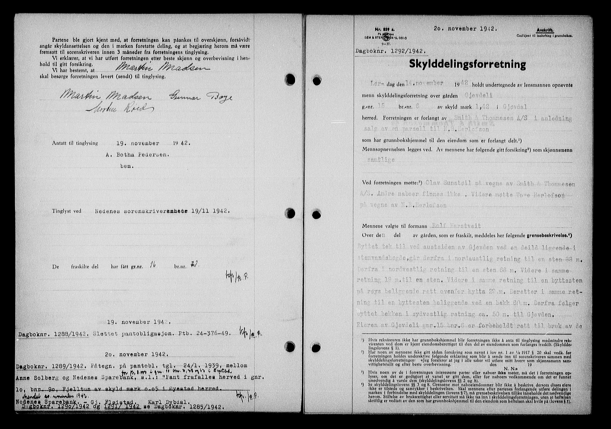 Nedenes sorenskriveri, AV/SAK-1221-0006/G/Gb/Gba/L0050: Mortgage book no. A-IV, 1942-1943, Diary no: : 1292/1942