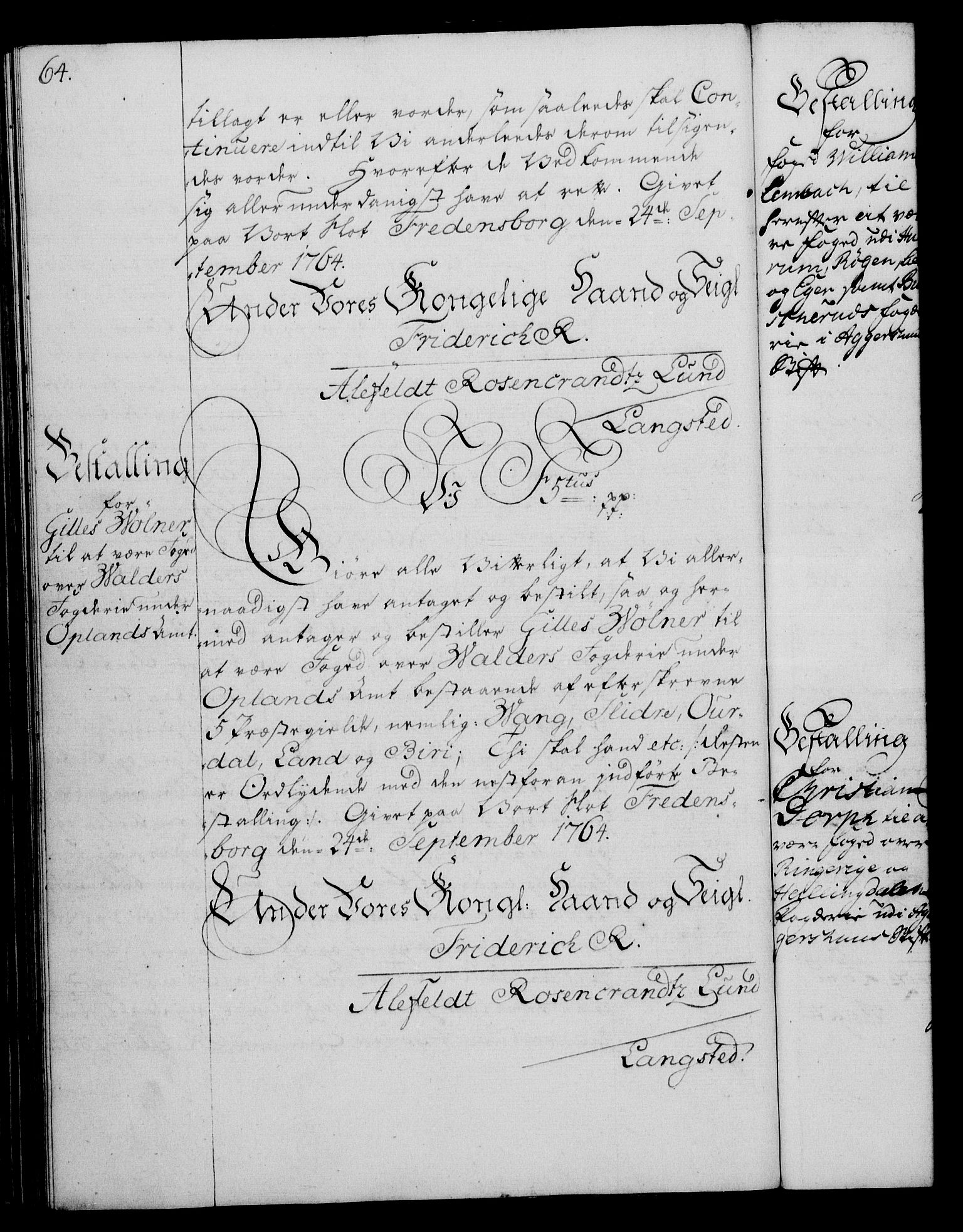 Rentekammeret, Kammerkanselliet, RA/EA-3111/G/Gg/Gge/L0004: Norsk bestallingsprotokoll med register (merket RK 53.28), 1762-1771, p. 64