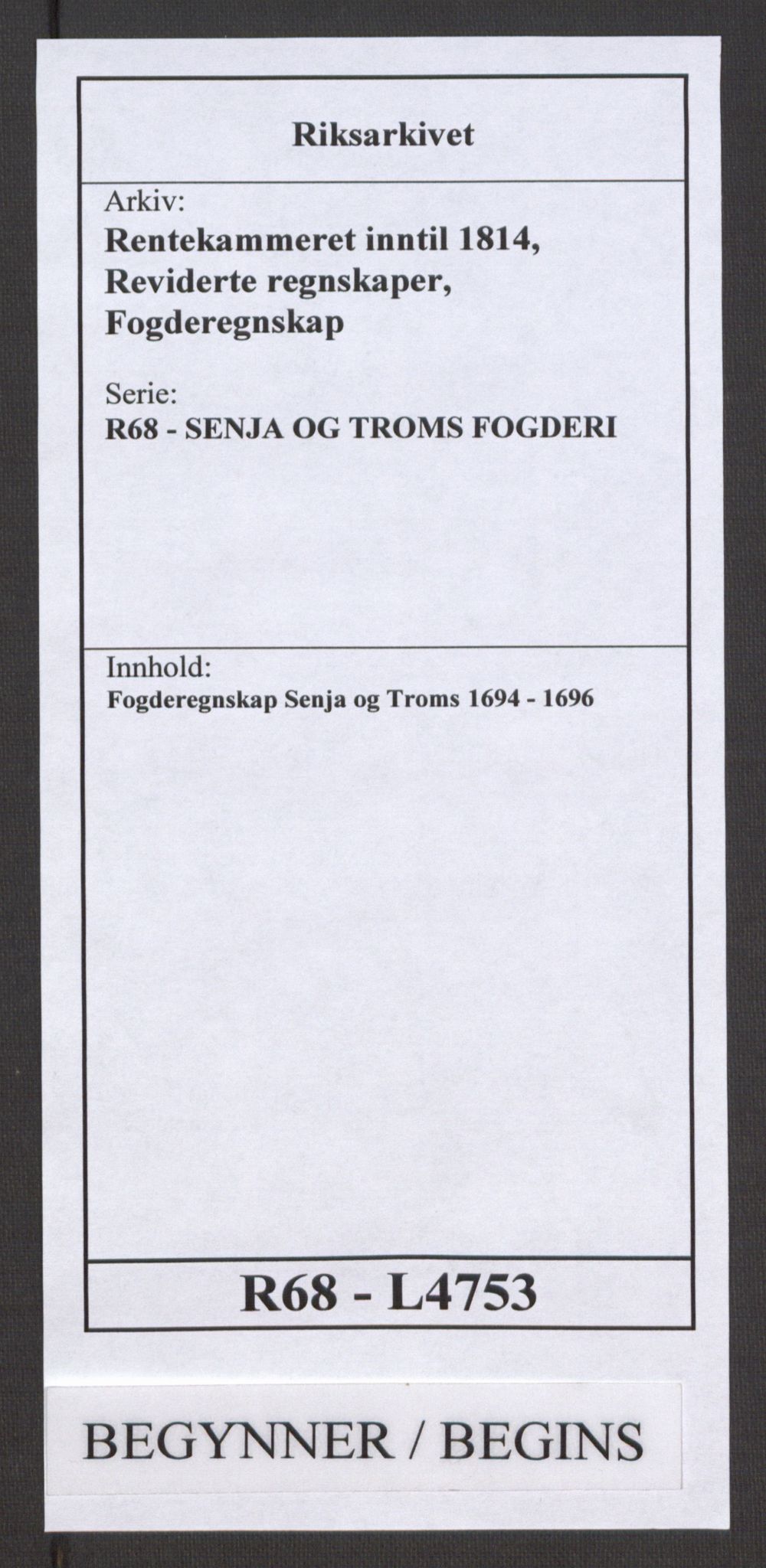 Rentekammeret inntil 1814, Reviderte regnskaper, Fogderegnskap, RA/EA-4092/R68/L4753: Fogderegnskap Senja og Troms, 1694-1696, p. 1