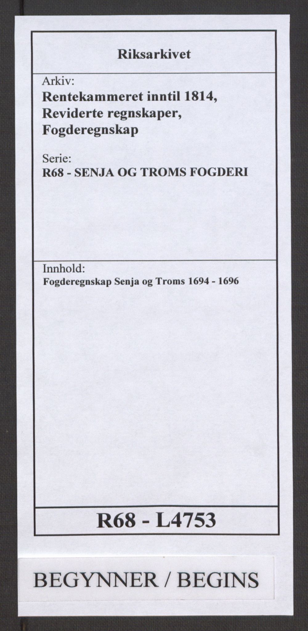 Rentekammeret inntil 1814, Reviderte regnskaper, Fogderegnskap, AV/RA-EA-4092/R68/L4753: Fogderegnskap Senja og Troms, 1694-1696, p. 1