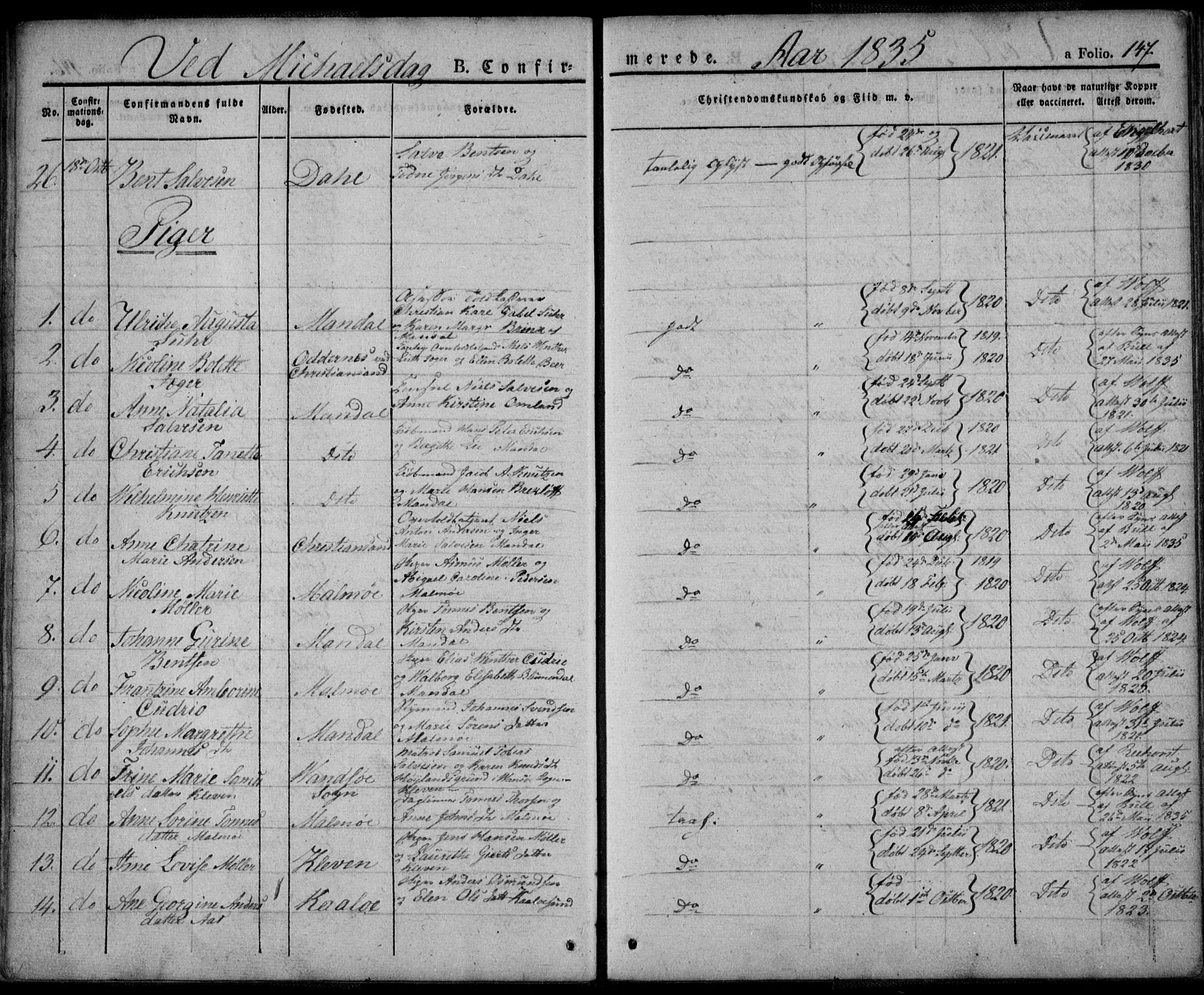 Mandal sokneprestkontor, AV/SAK-1111-0030/F/Fa/Faa/L0011: Parish register (official) no. A 11, 1830-1839, p. 147