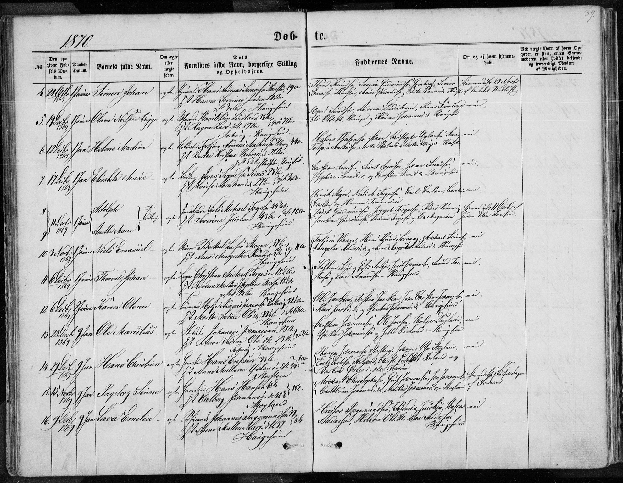 Torvastad sokneprestkontor, SAST/A -101857/H/Ha/Haa/L0012: Parish register (official) no. A 12.1, 1867-1877, p. 39