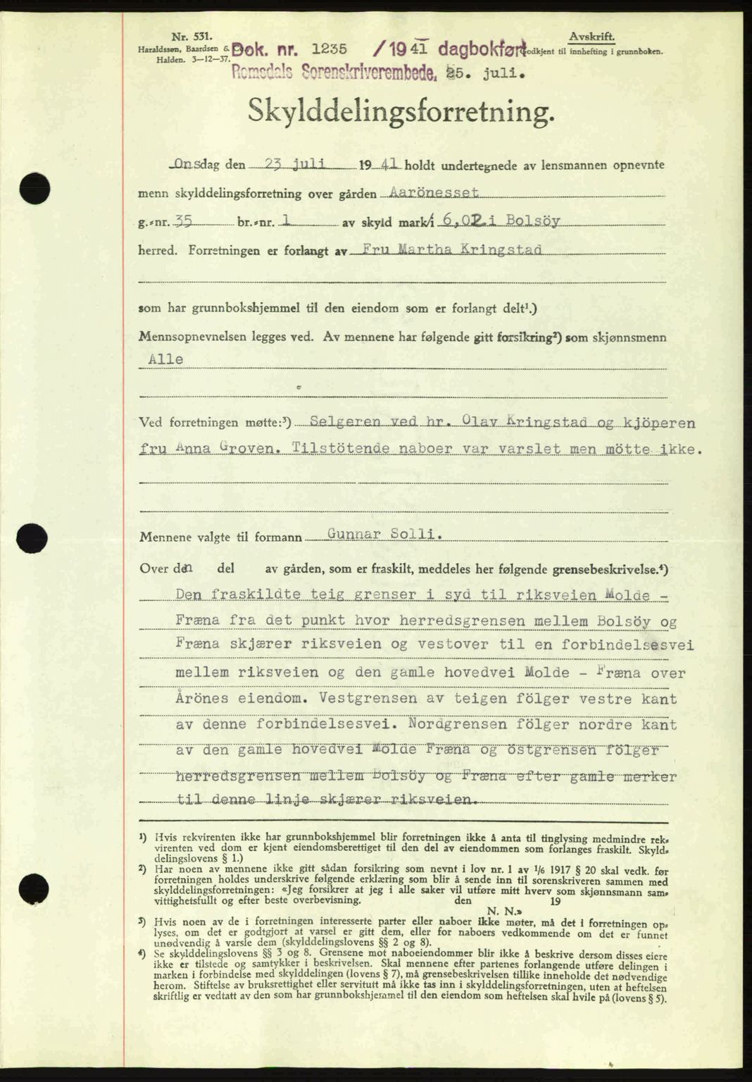 Romsdal sorenskriveri, AV/SAT-A-4149/1/2/2C: Mortgage book no. A10, 1941-1941, Diary no: : 1235/1941