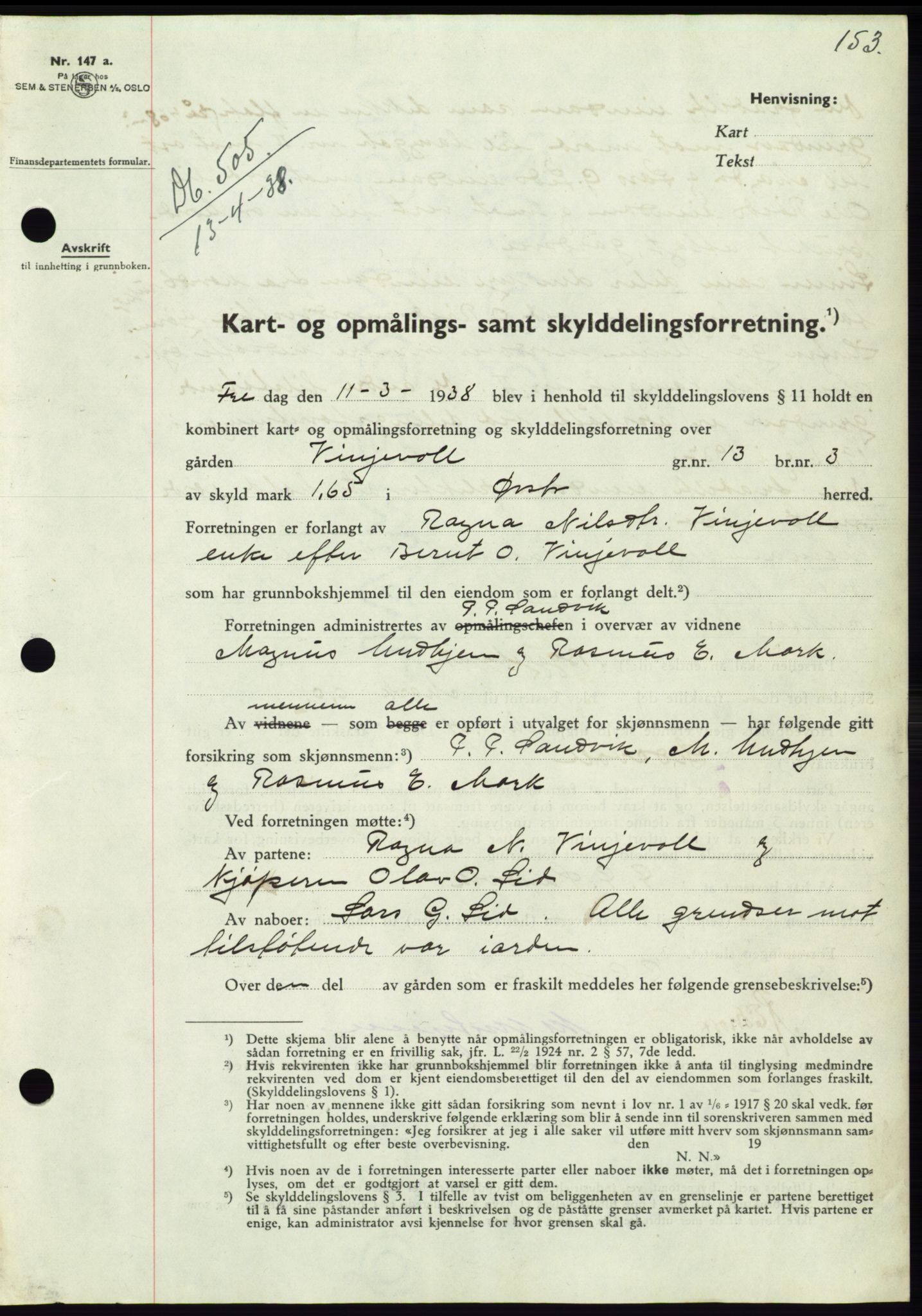 Søre Sunnmøre sorenskriveri, AV/SAT-A-4122/1/2/2C/L0065: Mortgage book no. 59, 1938-1938, Diary no: : 505/1938