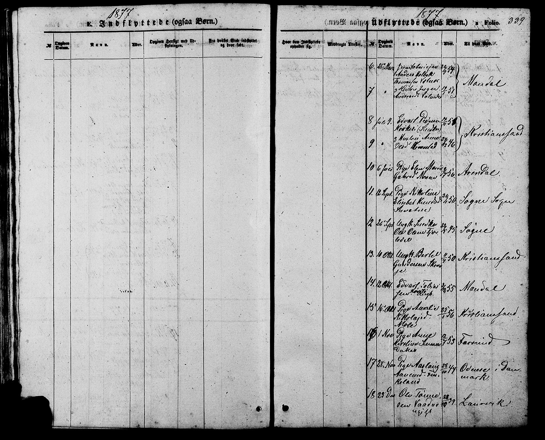 Holum sokneprestkontor, SAK/1111-0022/F/Fb/Fba/L0004: Parish register (copy) no. B 4, 1867-1890, p. 339