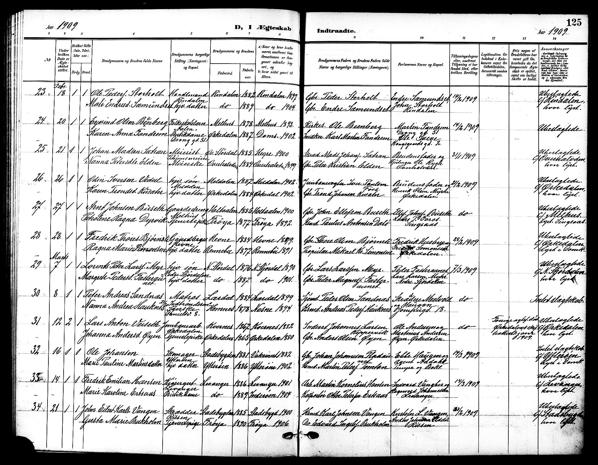 Ministerialprotokoller, klokkerbøker og fødselsregistre - Sør-Trøndelag, AV/SAT-A-1456/601/L0095: Parish register (copy) no. 601C13, 1902-1911, p. 125