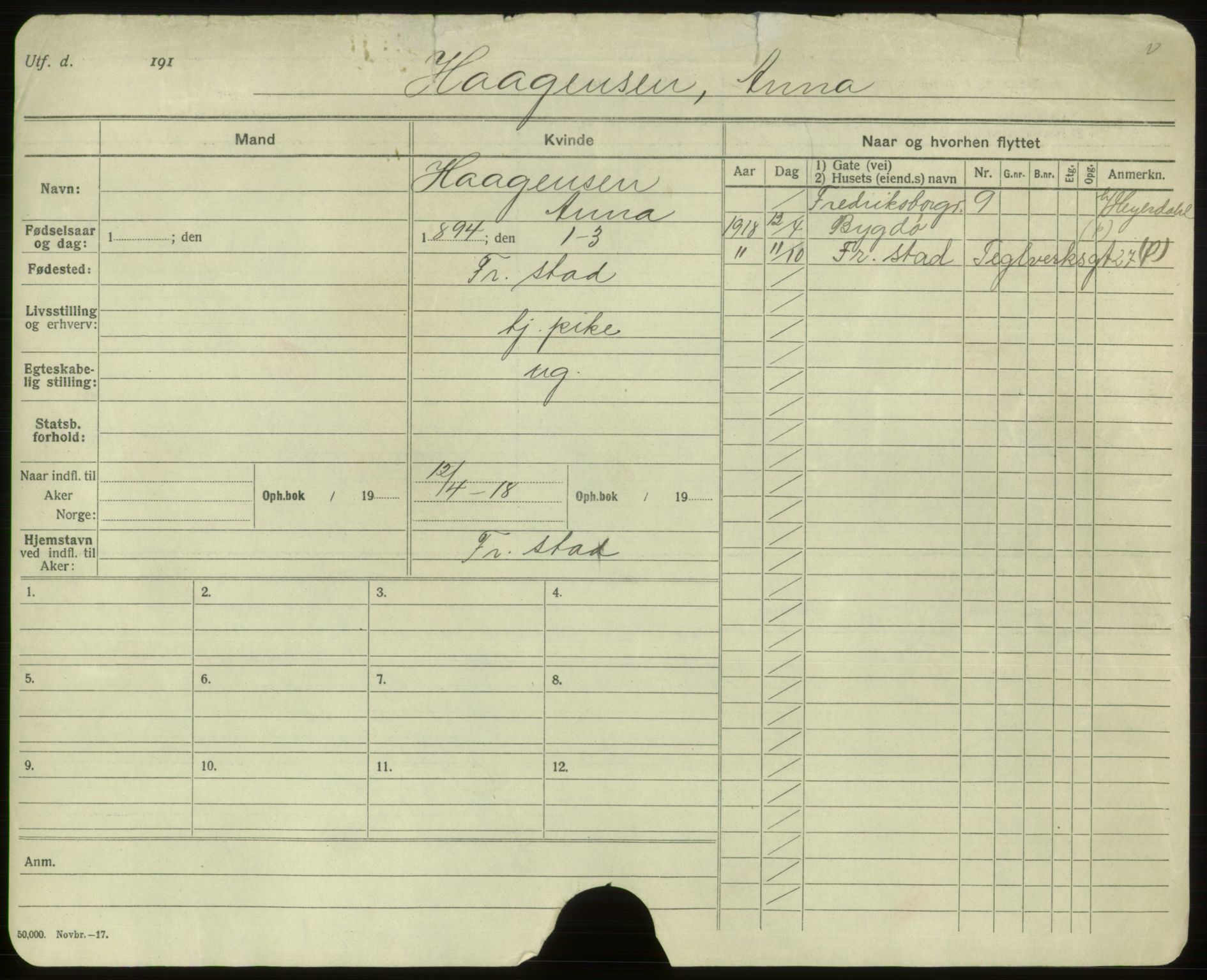 Oslo folkeregister, Registerkort, AV/SAO-A-11715/F/Fa/Faa/L0004: Kvinner, 1917-1922, p. 4