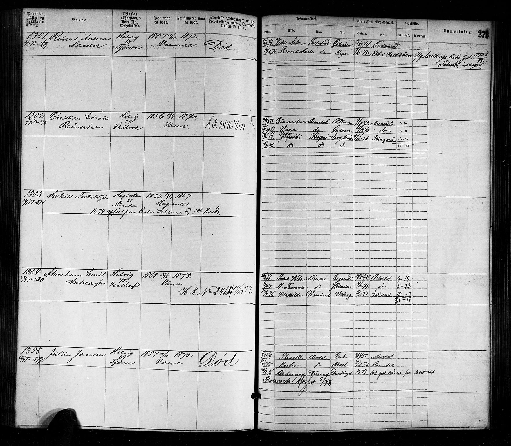 Farsund mønstringskrets, SAK/2031-0017/F/Fa/L0001: Annotasjonsrulle nr 1-1920 med register, M-1, 1869-1877, p. 301