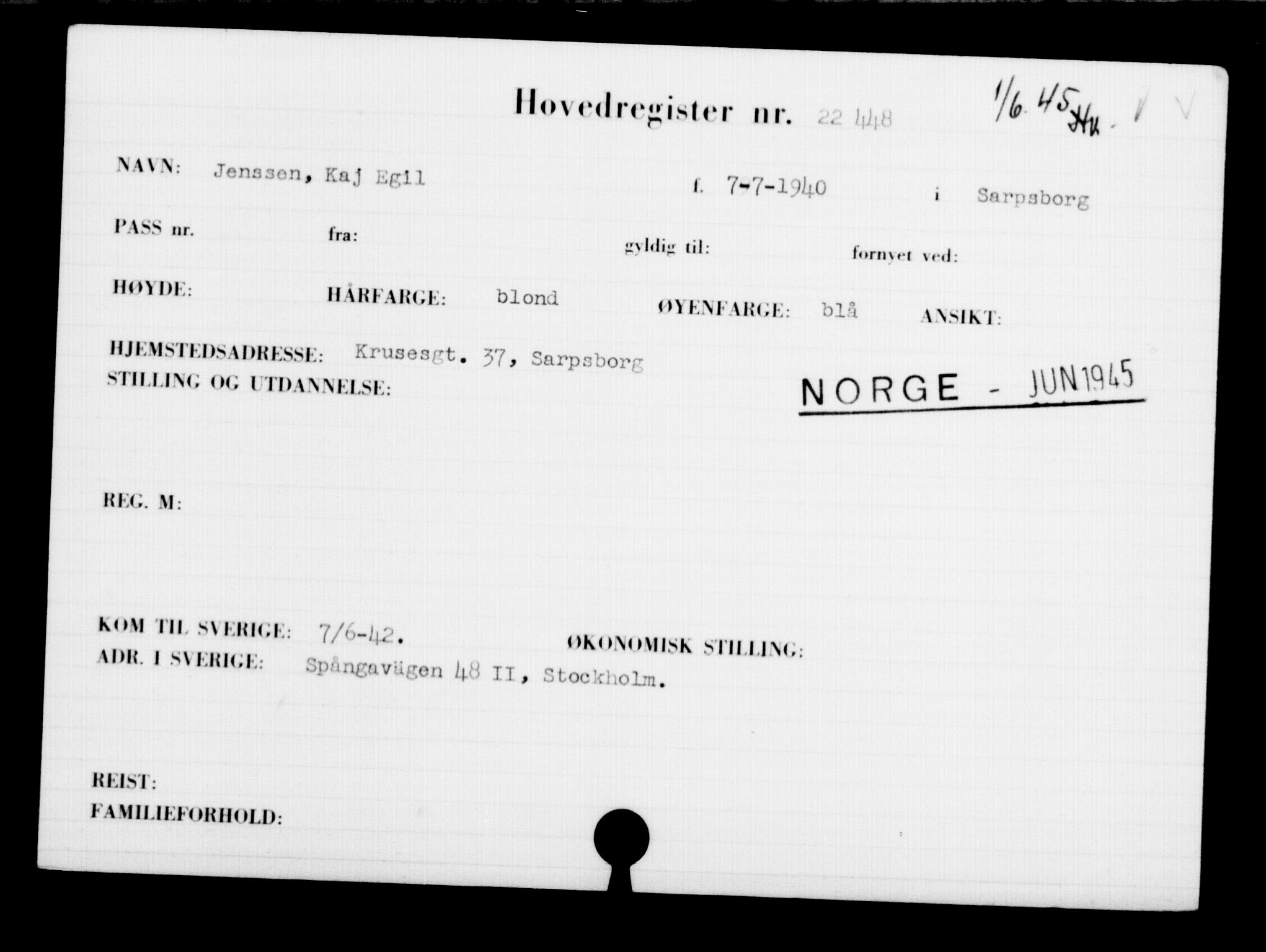 Den Kgl. Norske Legasjons Flyktningskontor, AV/RA-S-6753/V/Va/L0010: Kjesäterkartoteket.  Flyktningenr. 22000-25314, 1940-1945, p. 499