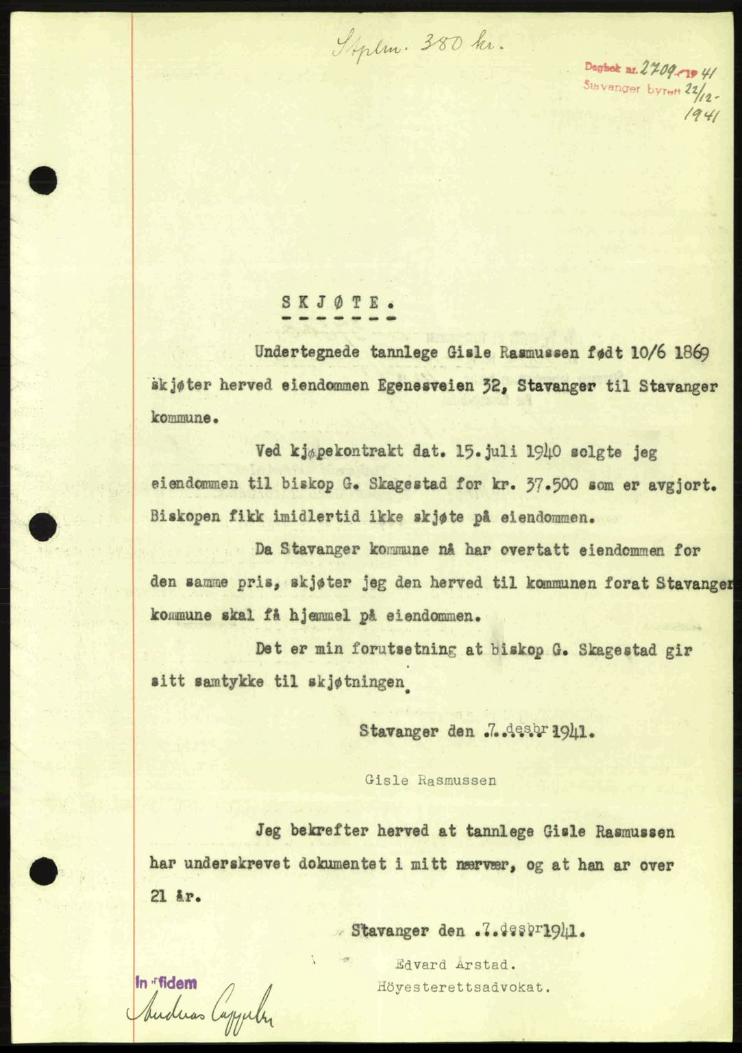 Stavanger byrett, SAST/A-100455/002/G/Gb/L0017: Mortgage book no. A7, 1941-1943, Diary no: : 2709/1941