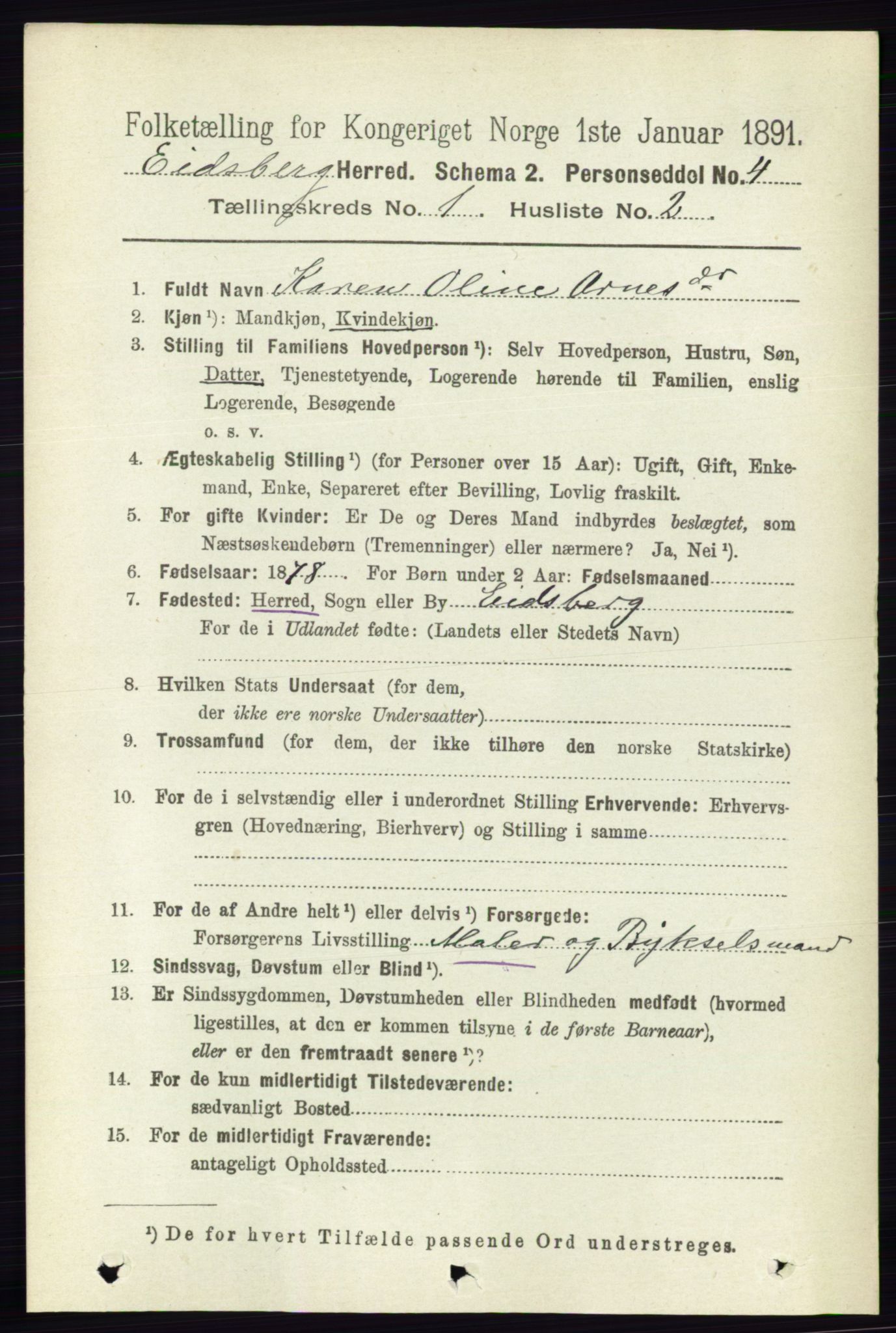 RA, 1891 census for 0125 Eidsberg, 1891, p. 149