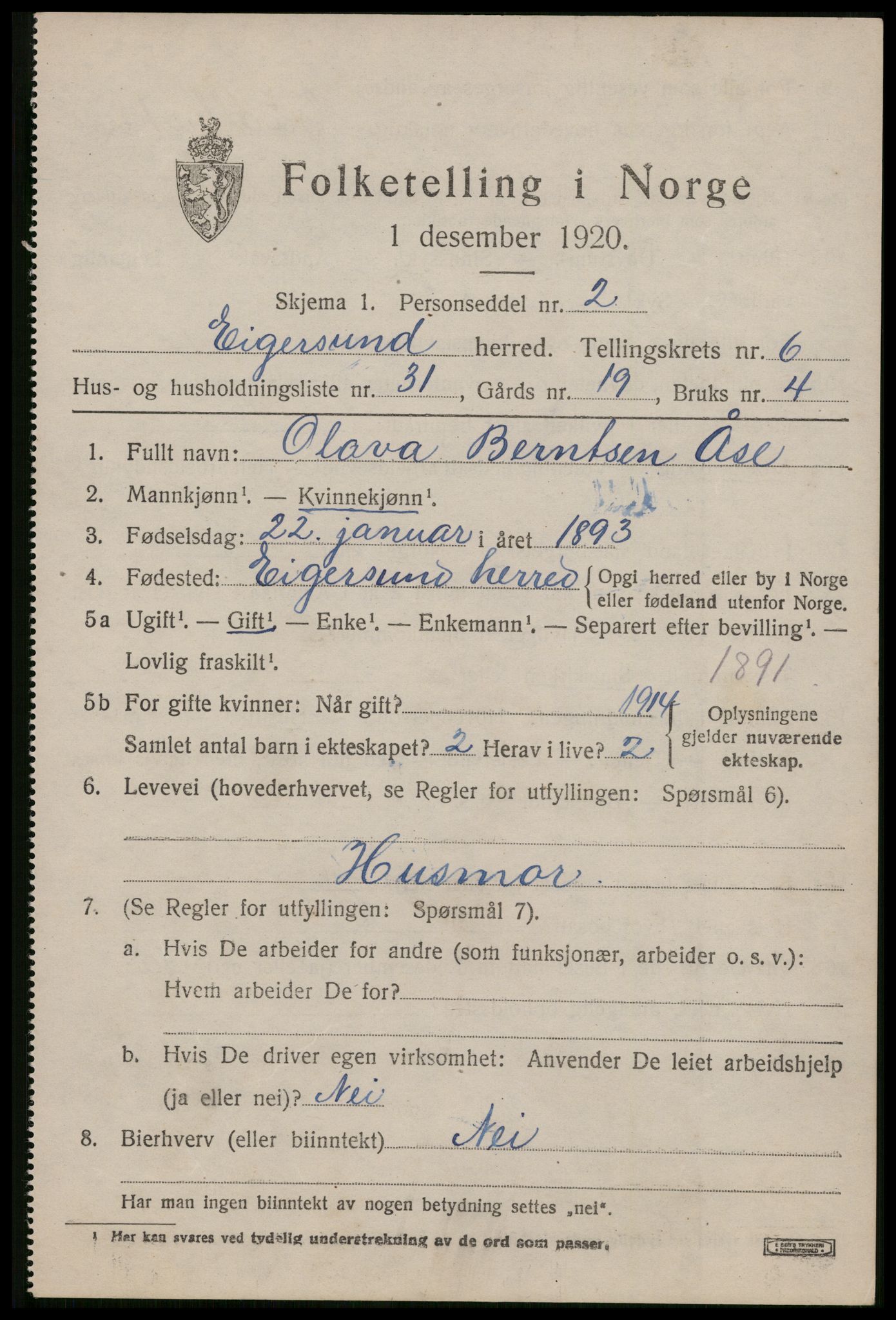 SAST, 1920 census for Eigersund, 1920, p. 4227