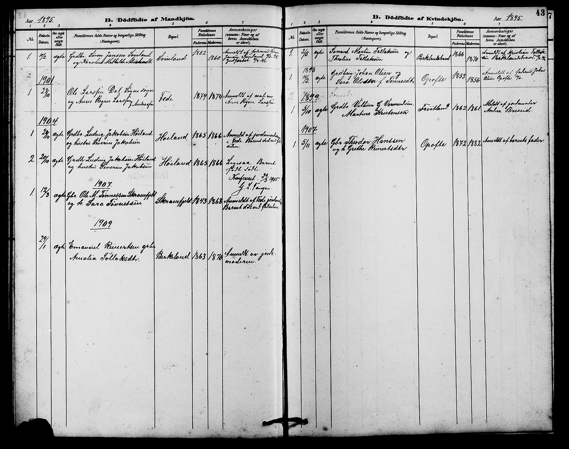 Kvinesdal sokneprestkontor, AV/SAK-1111-0026/F/Fb/Fba/L0004: Parish register (copy) no. B 4, 1894-1909, p. 43