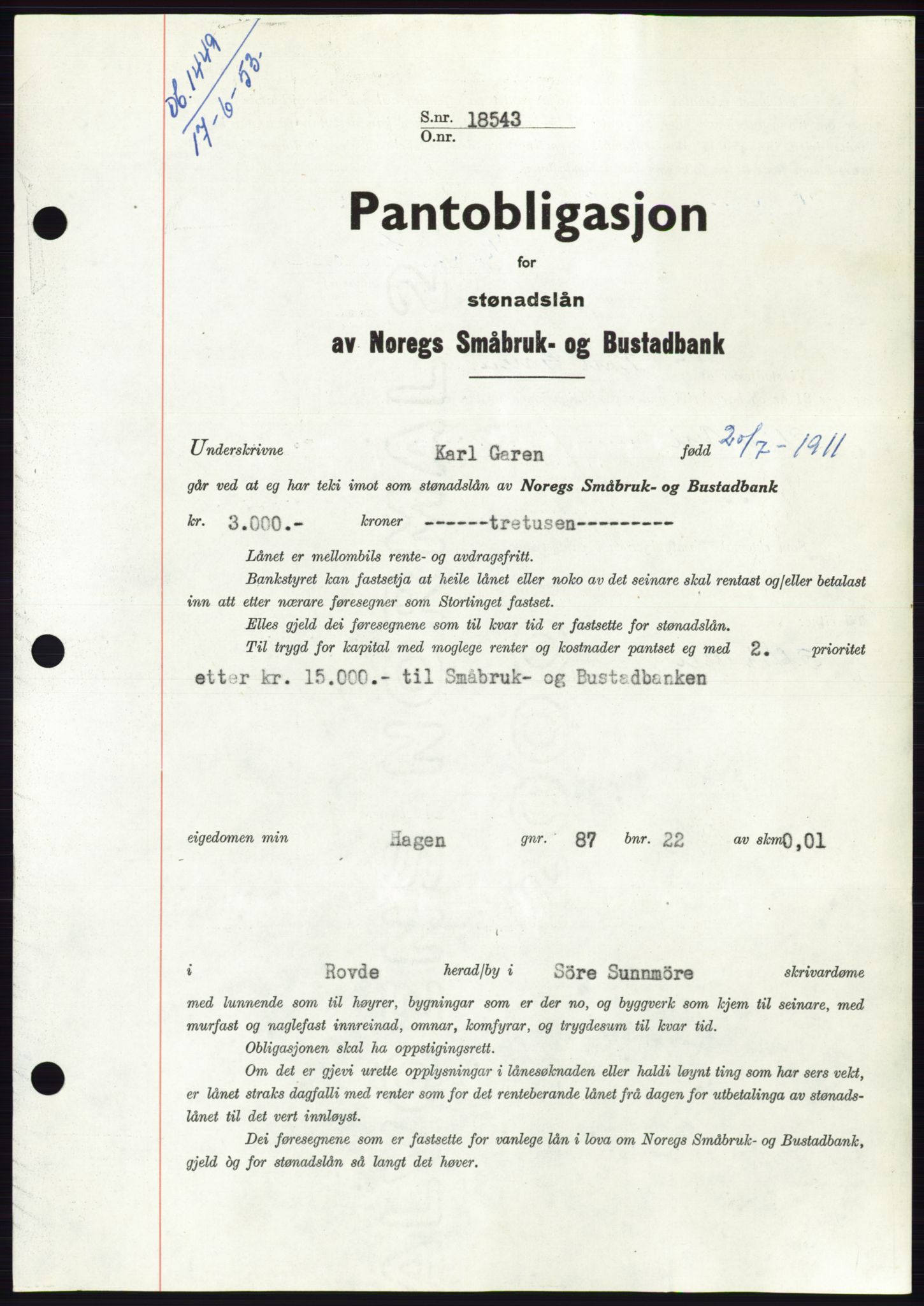 Søre Sunnmøre sorenskriveri, AV/SAT-A-4122/1/2/2C/L0123: Mortgage book no. 11B, 1953-1953, Diary no: : 1449/1953