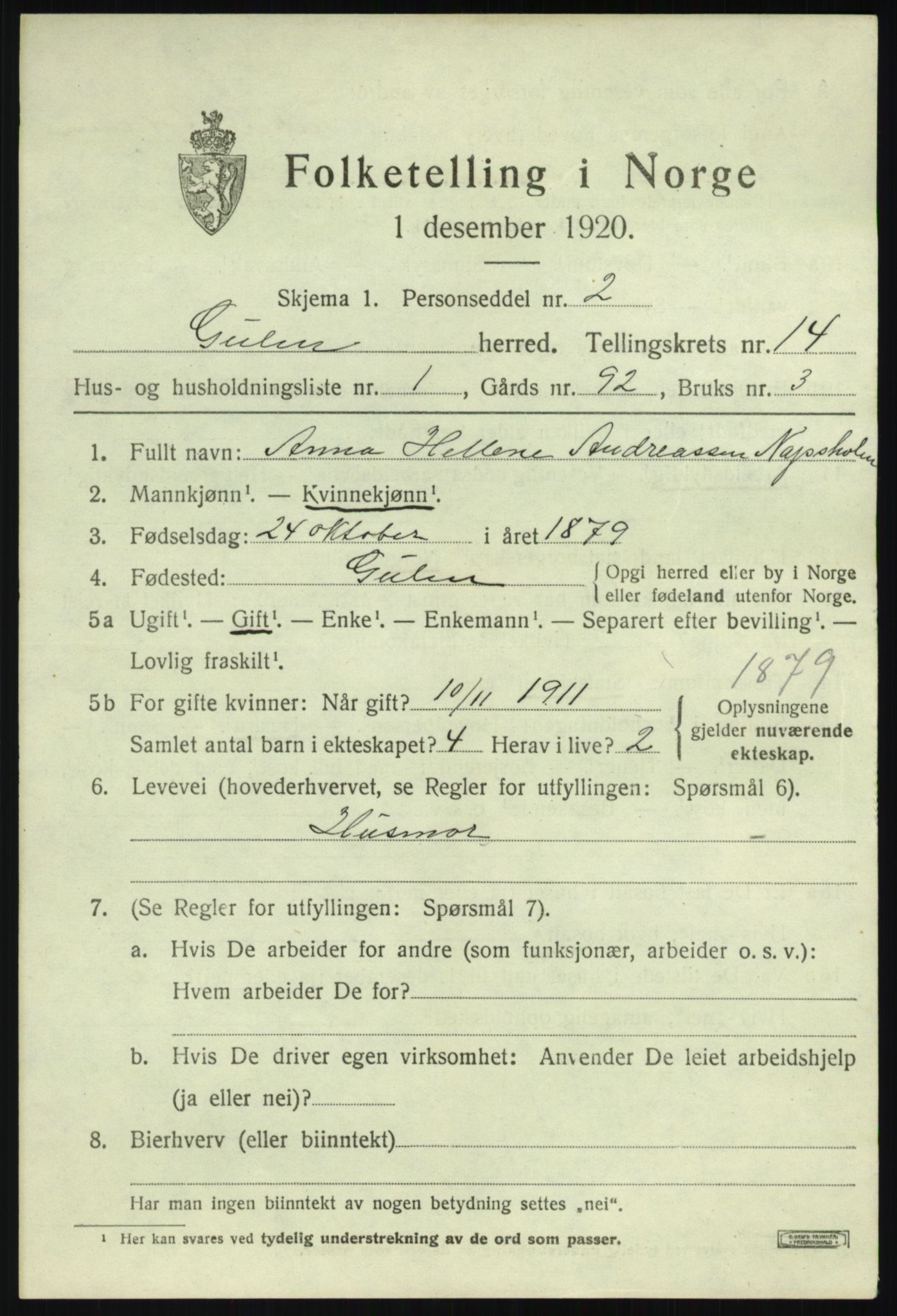 SAB, 1920 census for Gulen, 1920, p. 6197