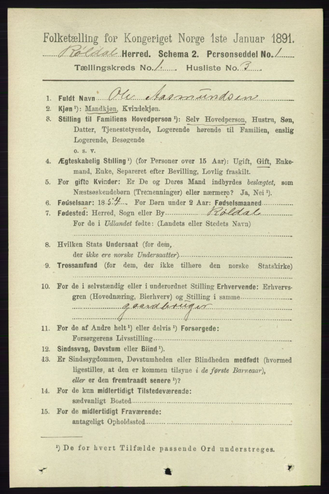 RA, 1891 census for 1229 Røldal, 1891, p. 97