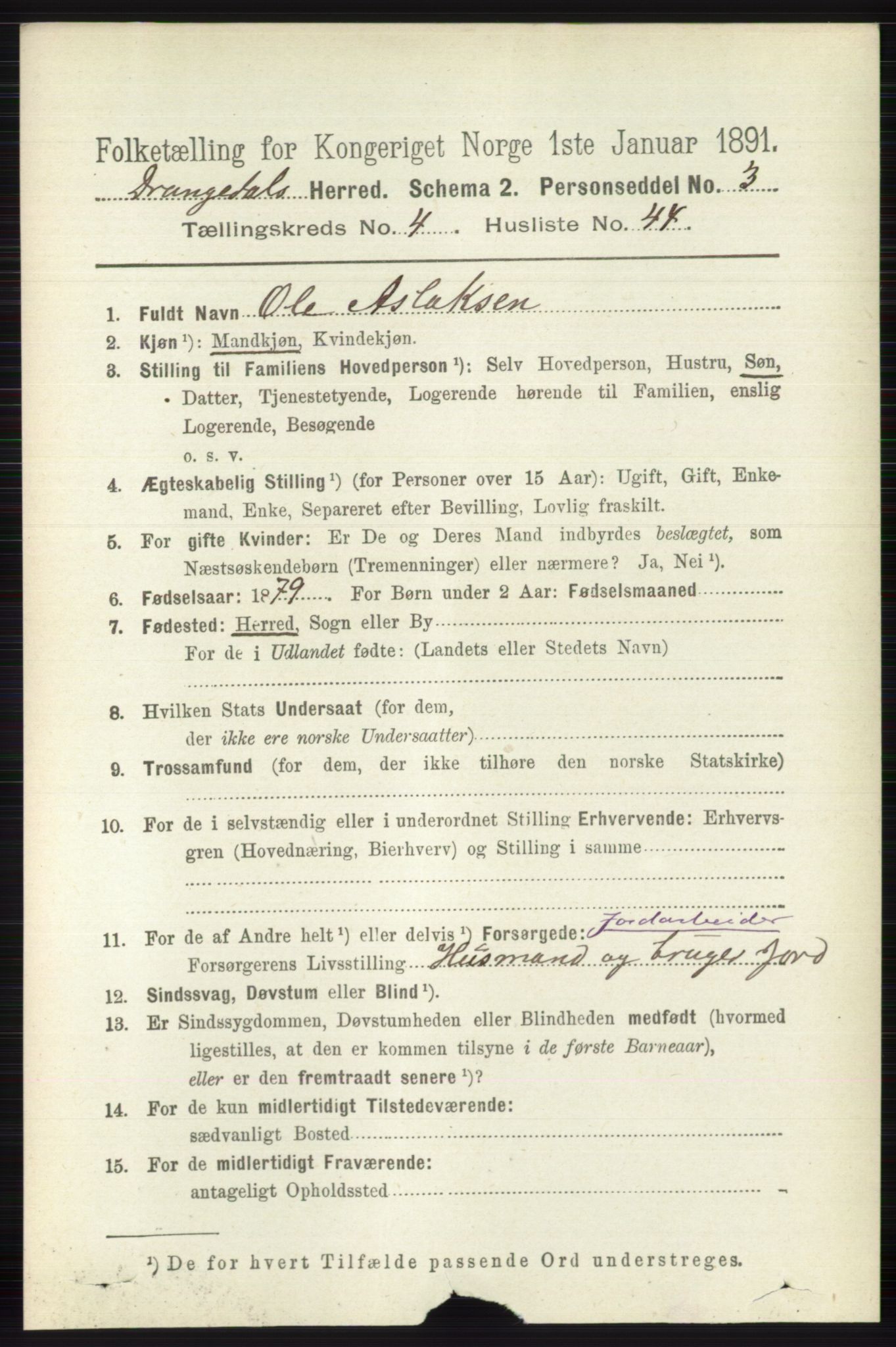 RA, 1891 census for 0817 Drangedal, 1891, p. 1608