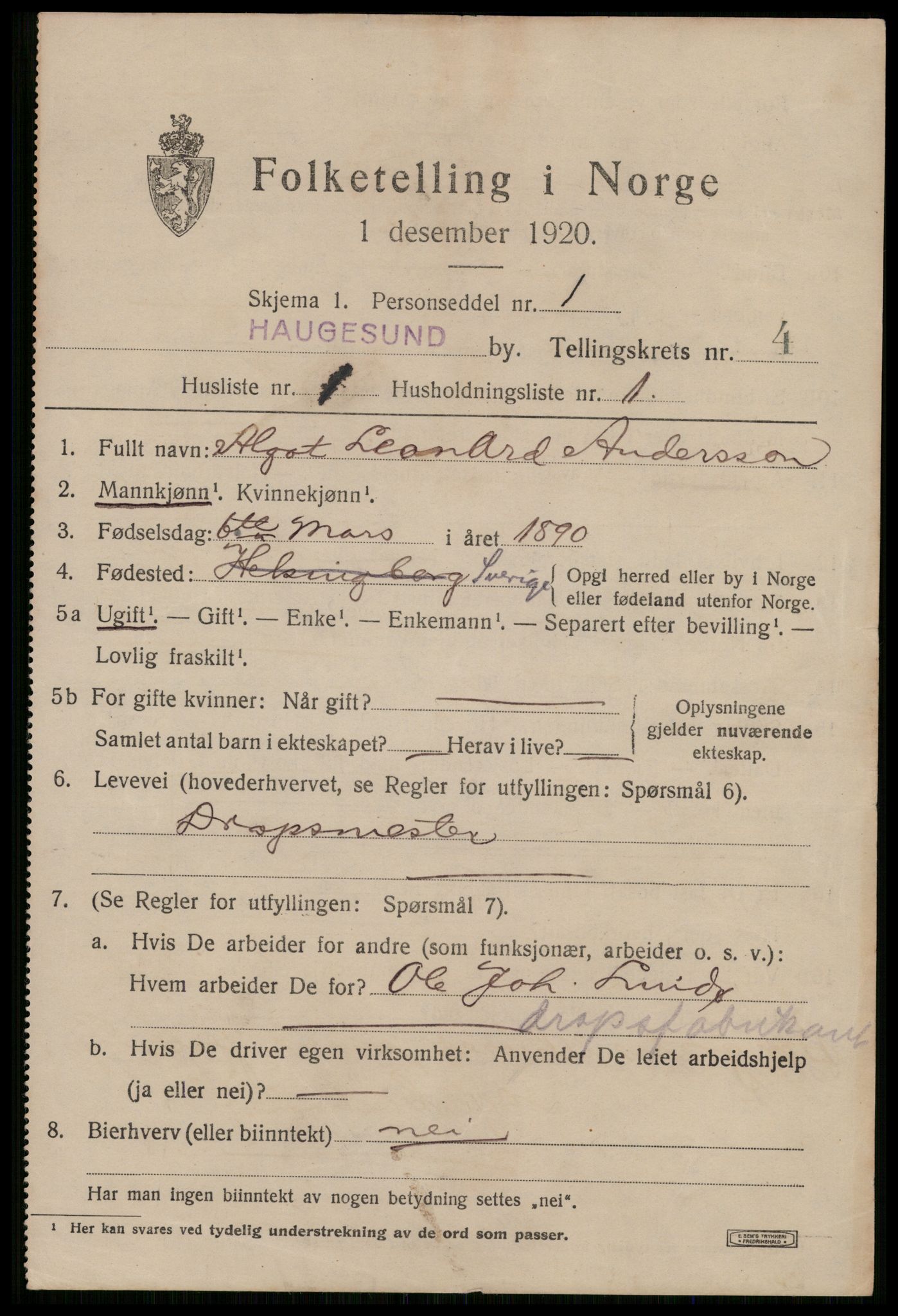 SAST, 1920 census for Haugesund, 1920, p. 15233