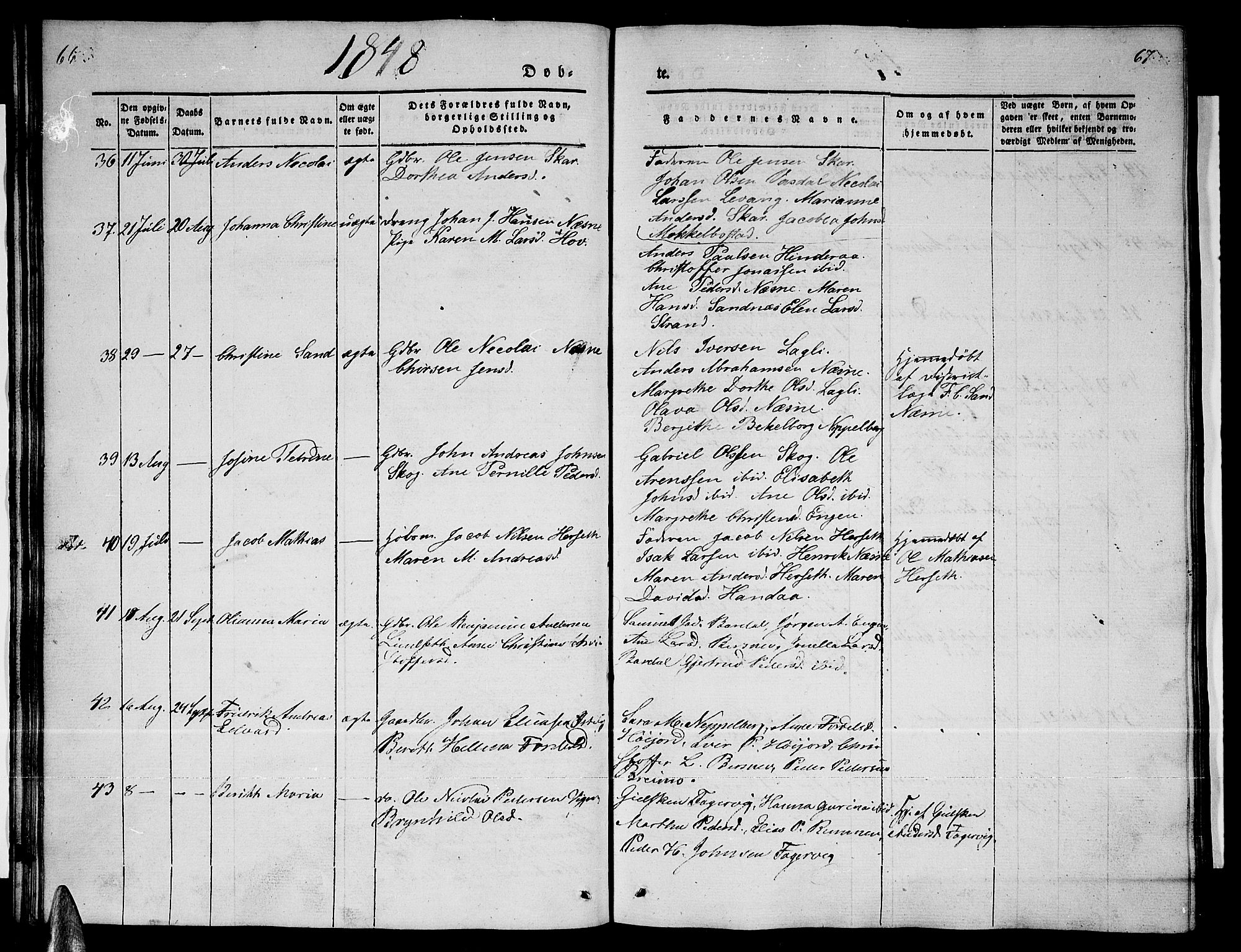 Ministerialprotokoller, klokkerbøker og fødselsregistre - Nordland, AV/SAT-A-1459/838/L0555: Parish register (copy) no. 838C02, 1842-1861, p. 66-67