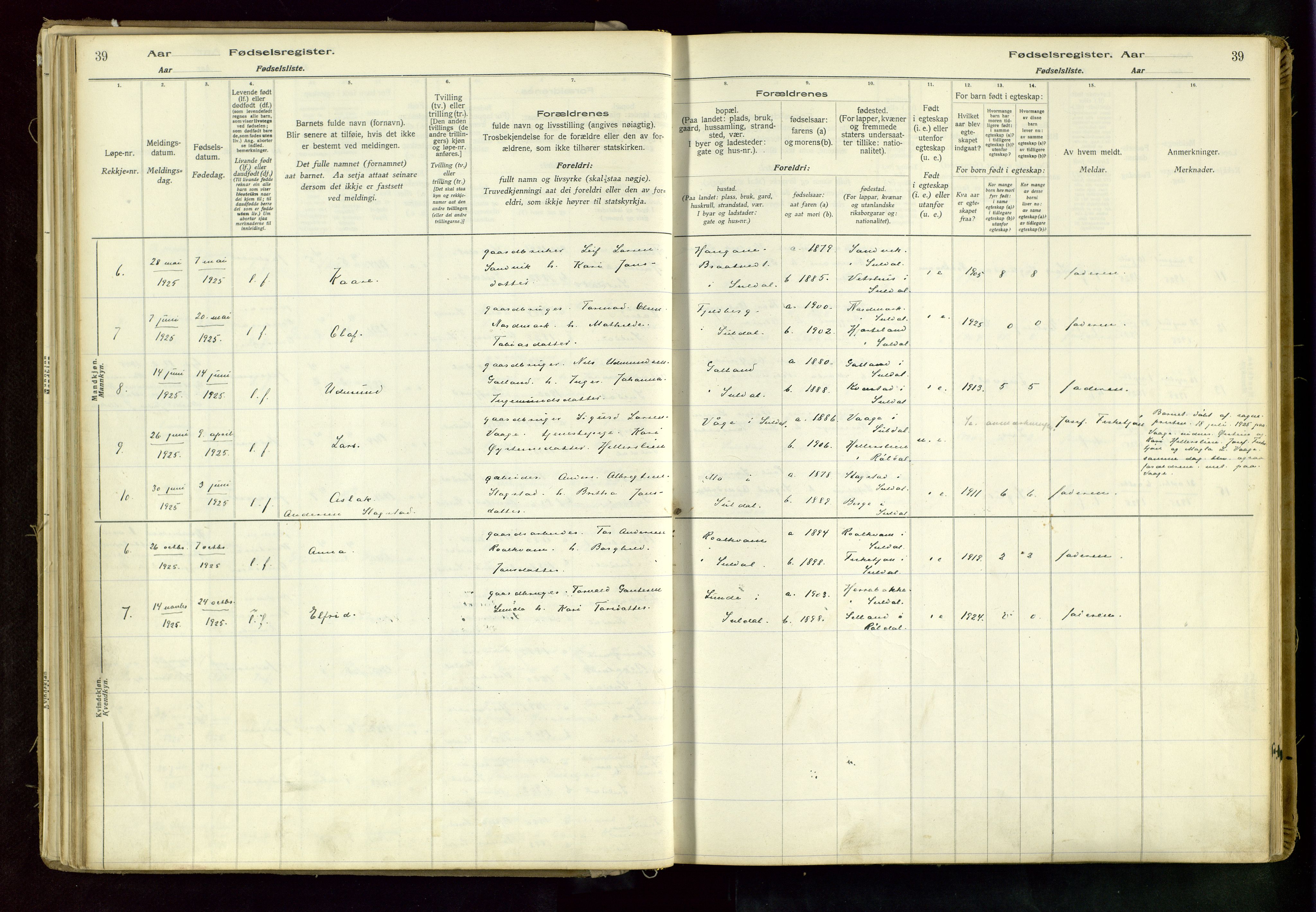 Suldal sokneprestkontor, AV/SAST-A-101845/03/A/L0002: Birth register no. 2, 1916-1982, p. 39