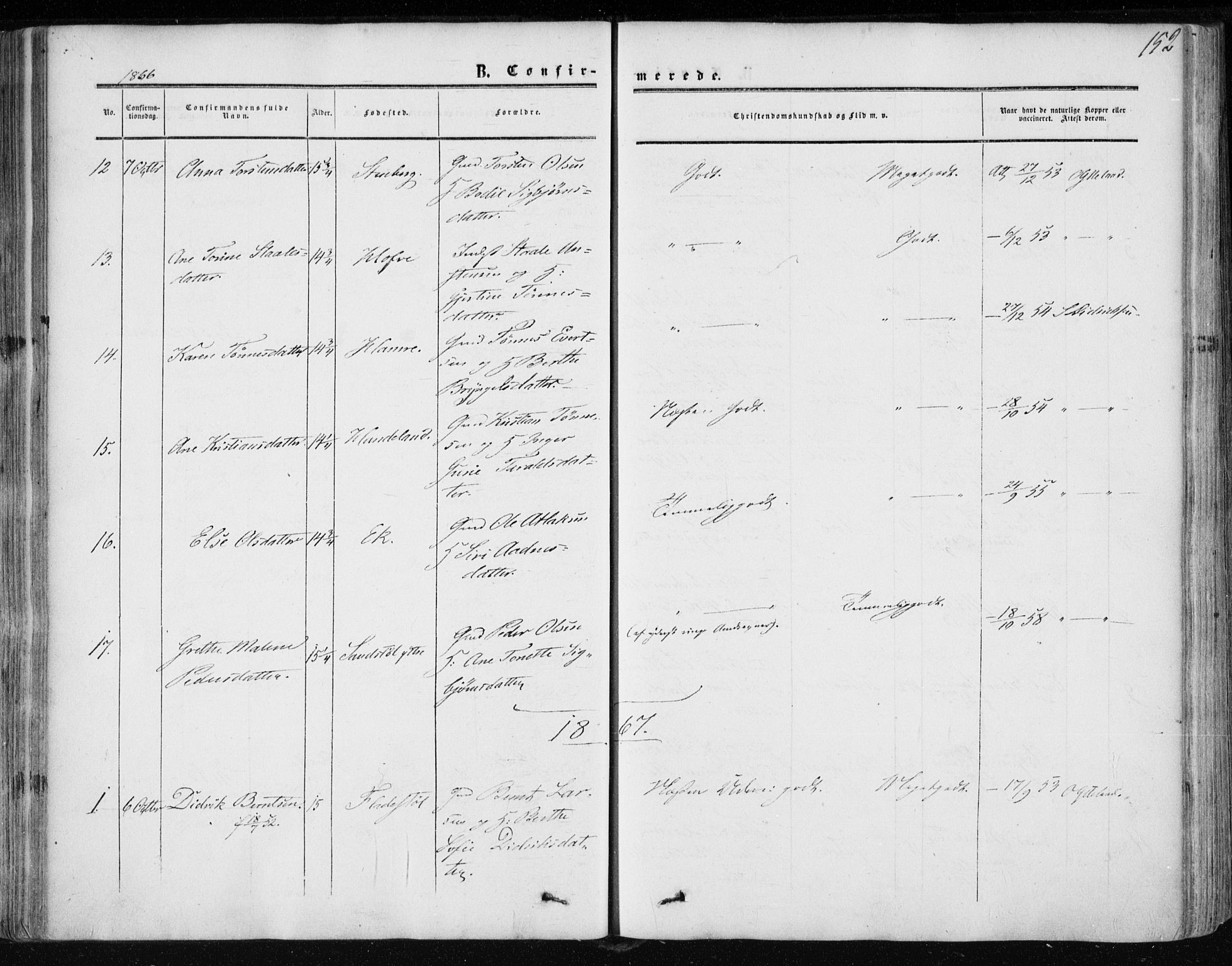 Lund sokneprestkontor, AV/SAST-A-101809/S06/L0009: Parish register (official) no. A 8, 1853-1877, p. 152